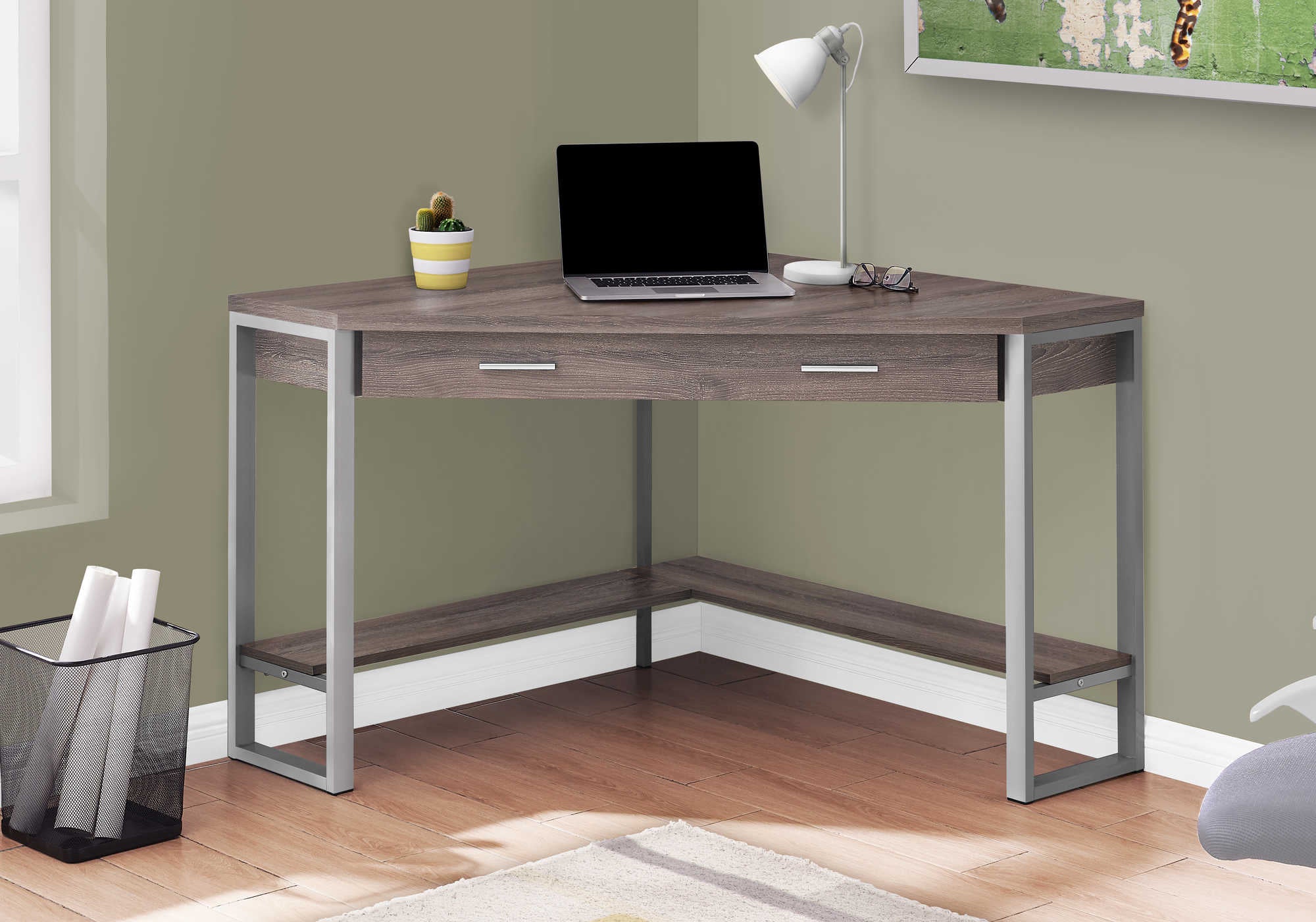 COMPUTER DESK - 42"L / DARK TAUPE CORNER / SILVER METAL # I 7501