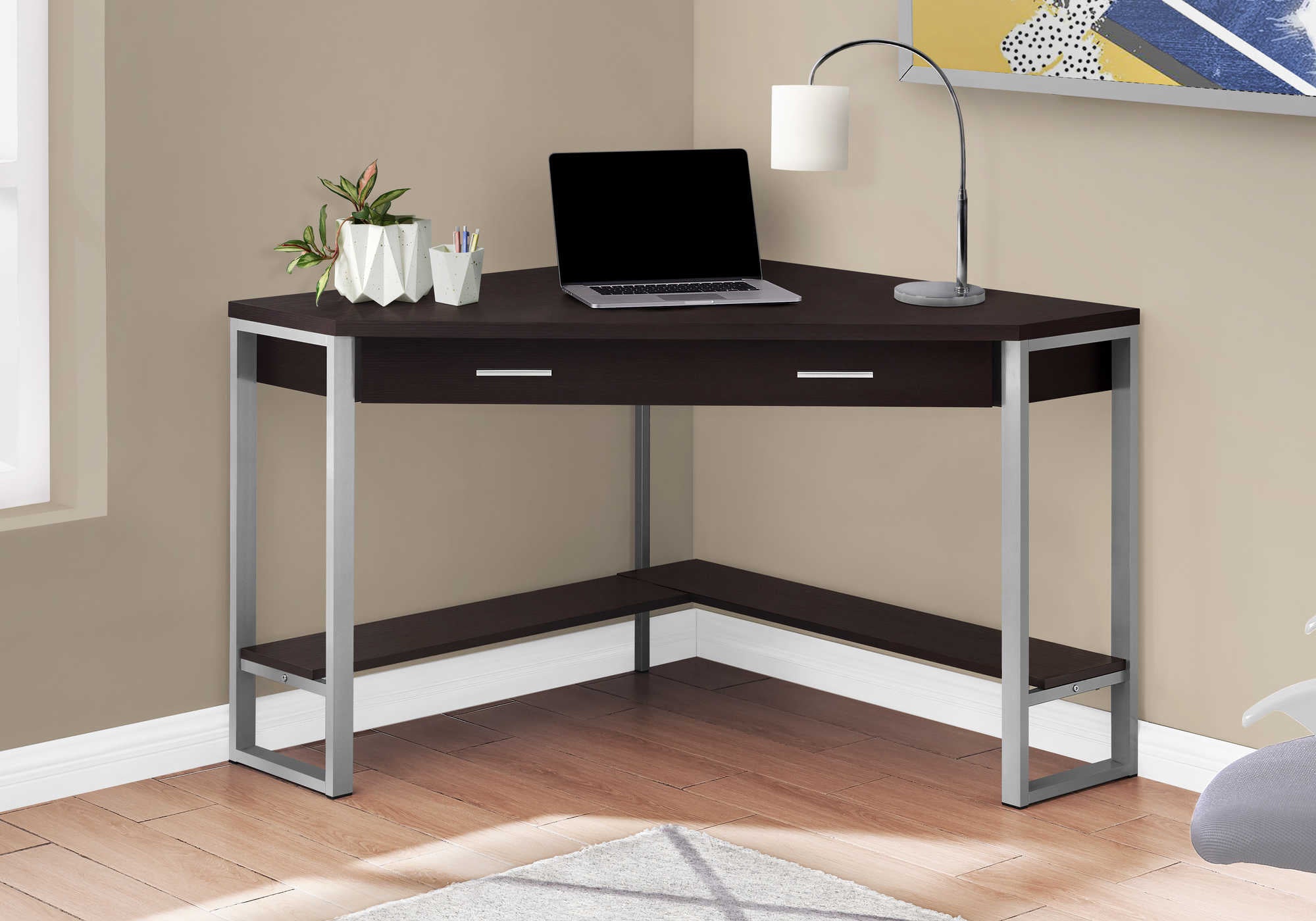 COMPUTER DESK - 42"L / ESPRESSO CORNER / SILVER METAL # I 7502