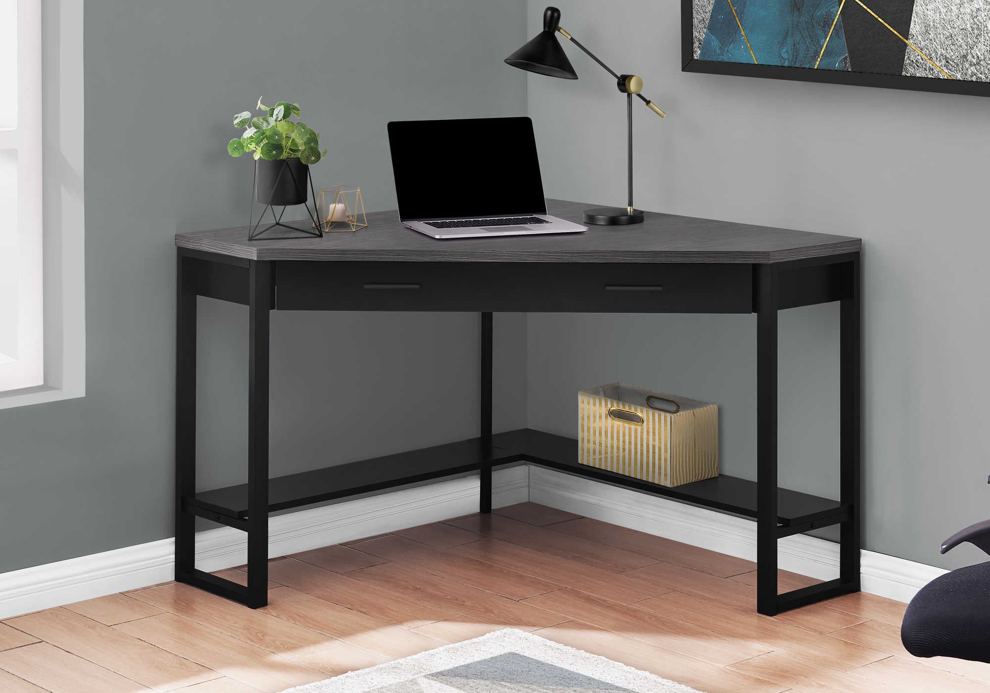 COMPUTER DESK - 42"L / BLACK / GREY TOP CORNER / BLACK # I 7503
