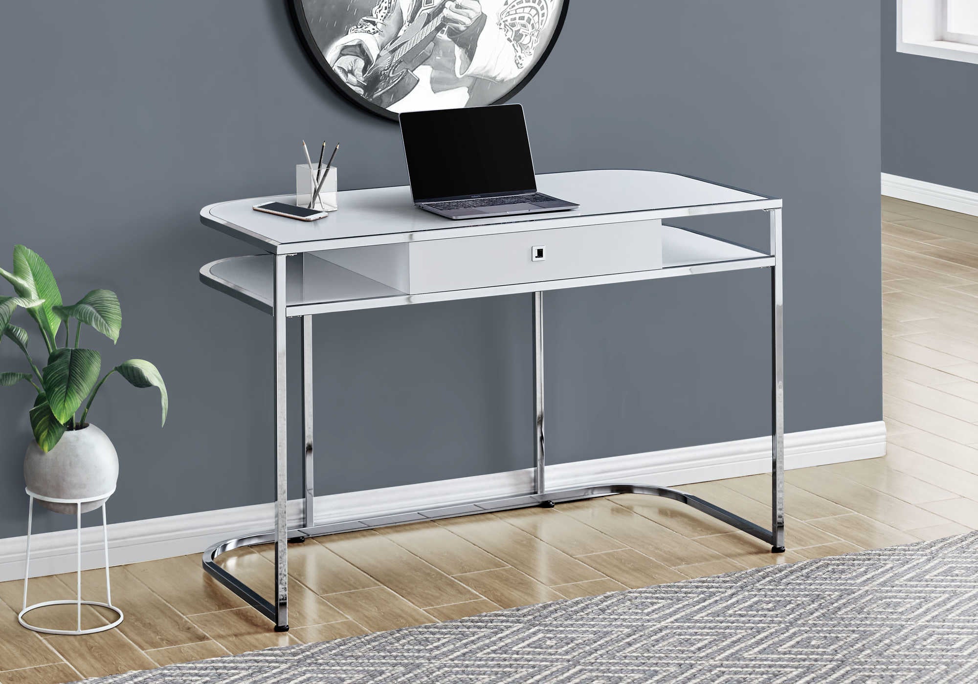COMPUTER DESK - 48"L / GLOSSY WHITE / CHROME METAL # I 7520
