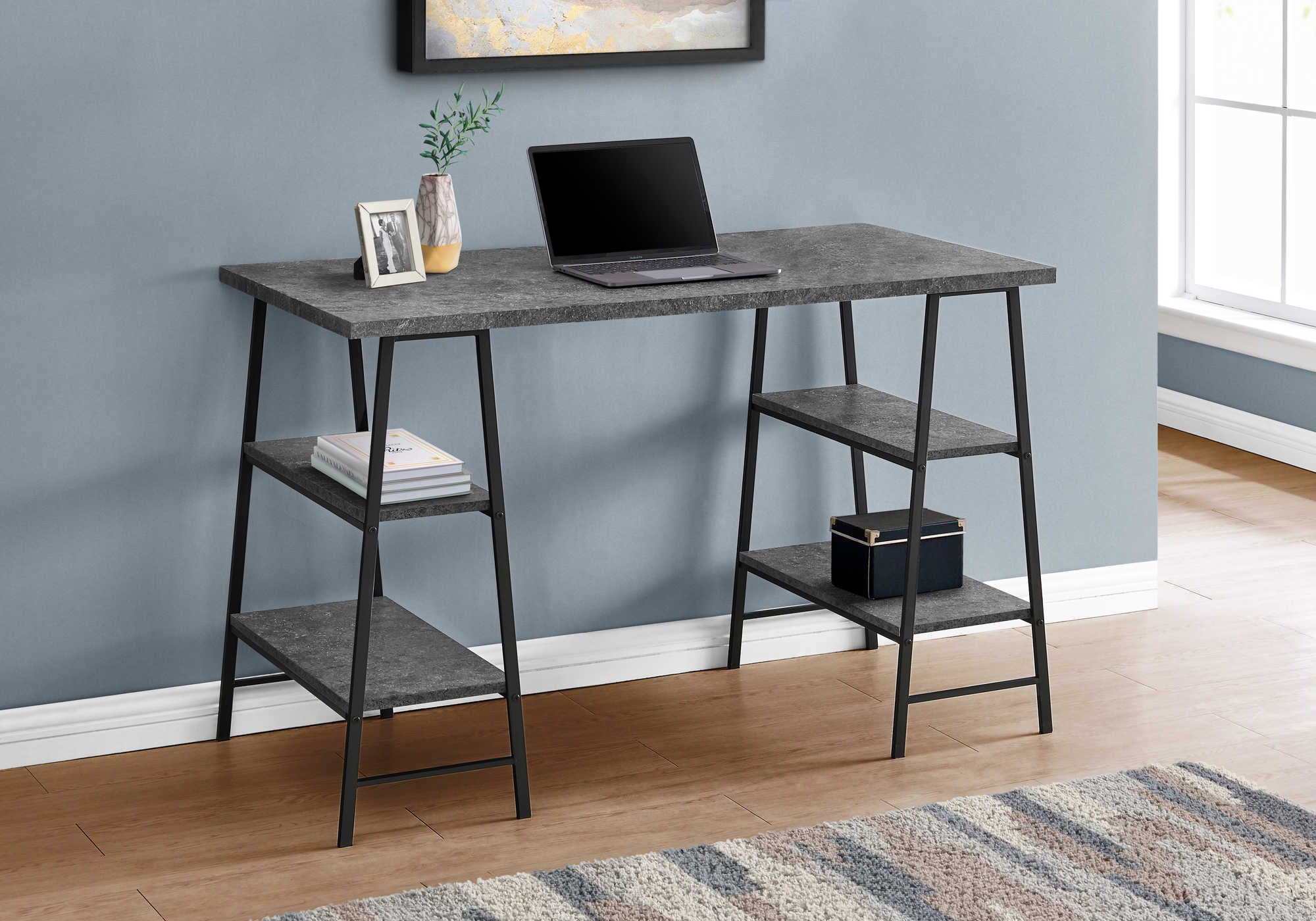 COMPUTER DESK - 48"L / GREY STONE-LOOK / BLACK METAL # I 7526