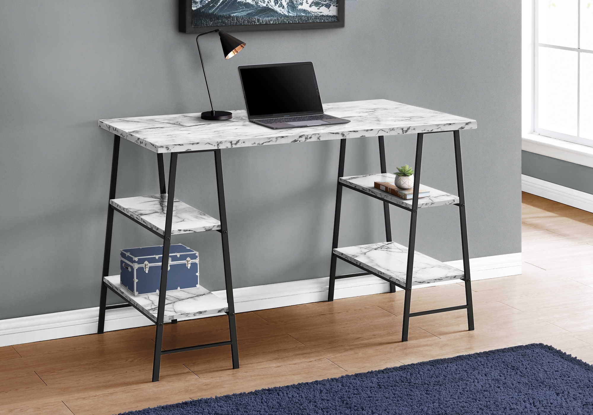 COMPUTER DESK - 48"L / WHITE MARBLE-LOOK / BLACK METAL # I 7527