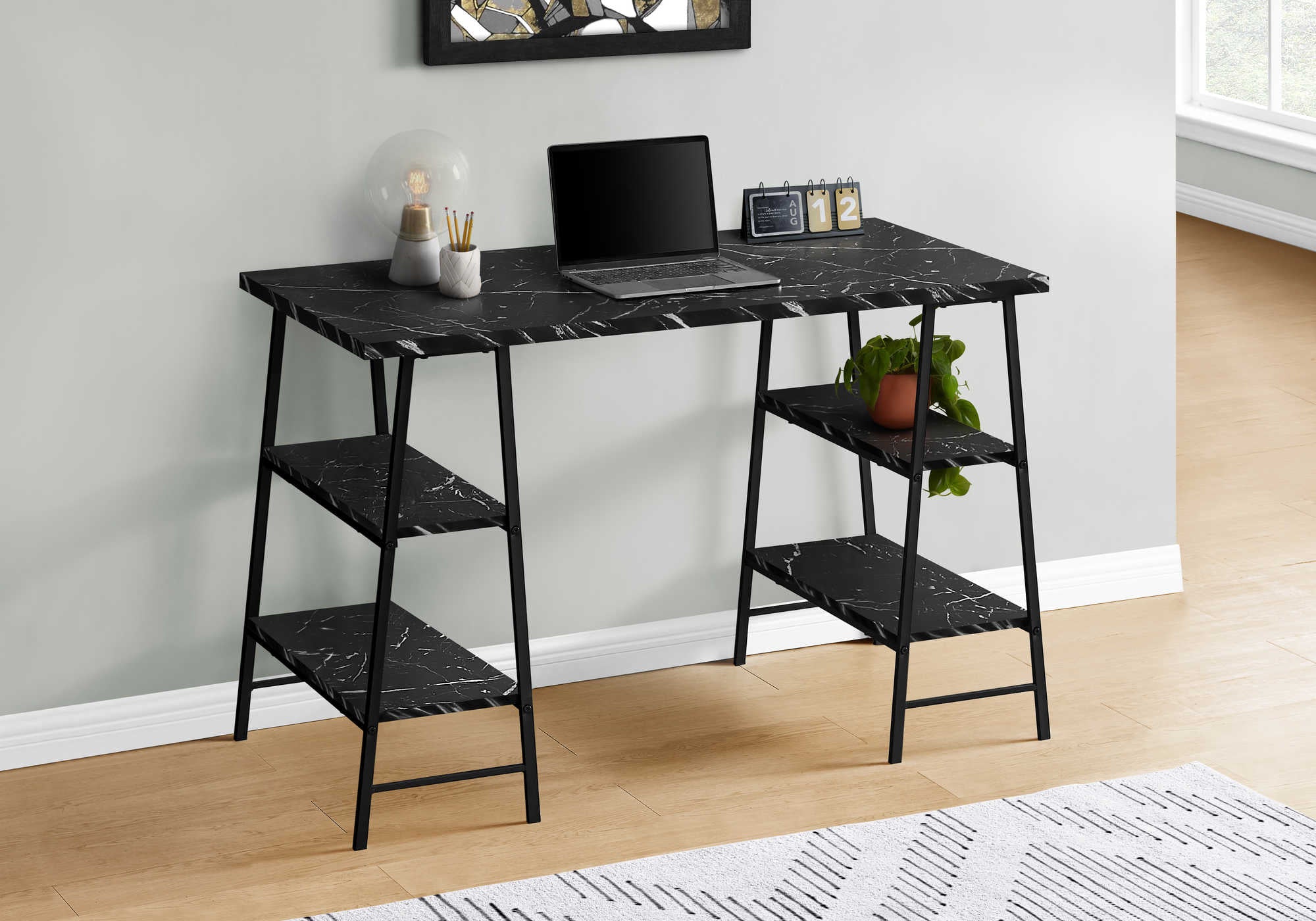 COMPUTER DESK - 48"L / BLACK MARBLE-LOOK / BLACK METAL # I 7528