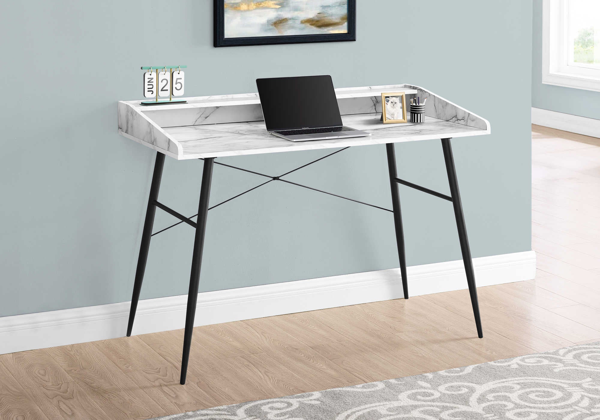 COMPUTER DESK - 48"L / WHITE MARBLE-LOOK / BLACK METAL # I 7539