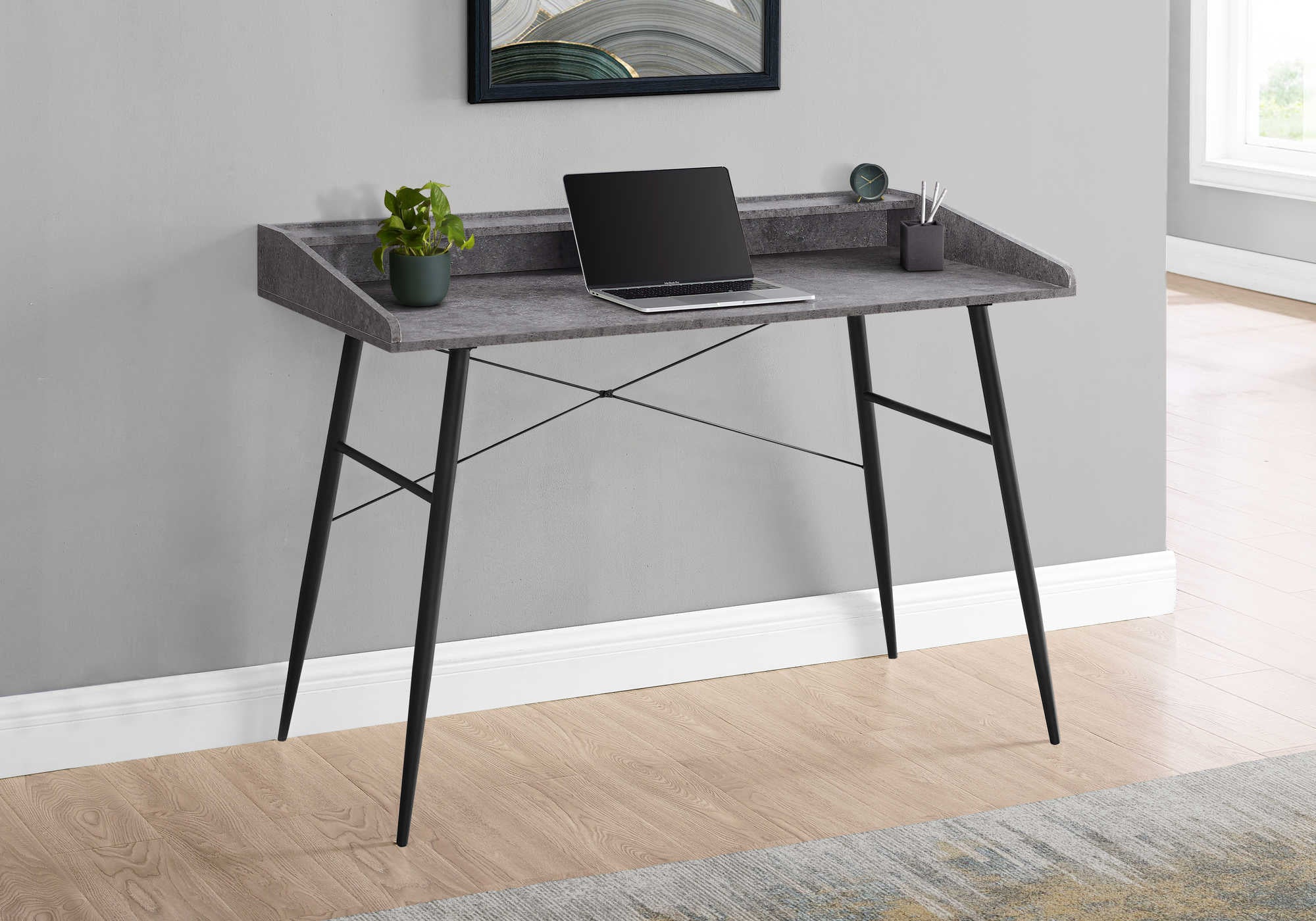 COMPUTER DESK - 48"L / GREY STONE-LOOK / BLACK METAL # I 7540