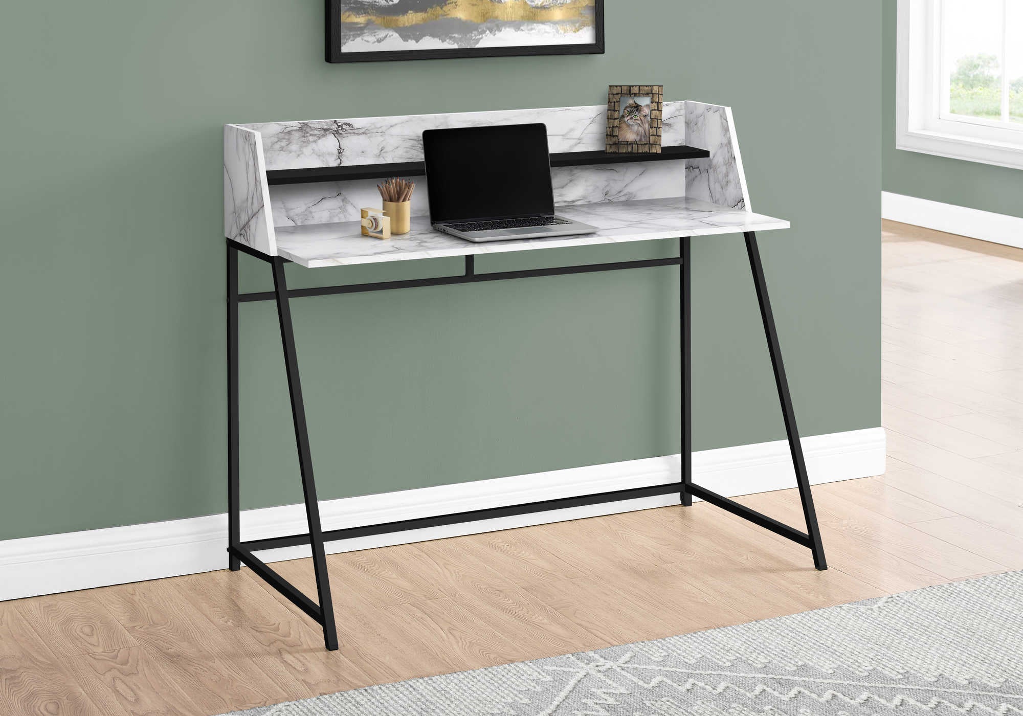COMPUTER DESK - 48"L / WHITE MARBLE-LOOK / BLACK METAL # I 7549