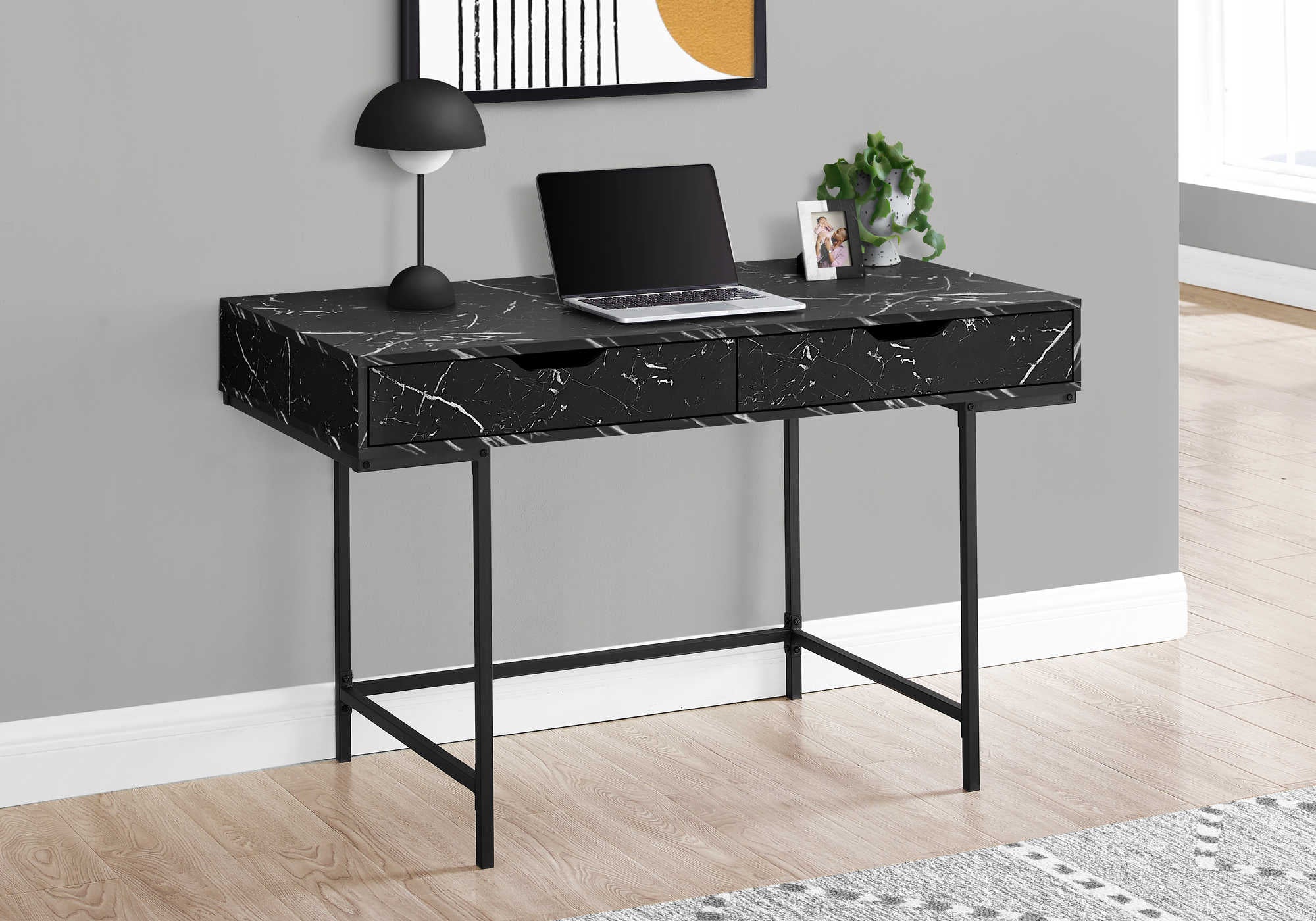COMPUTER DESK - 48"L / BLACK MARBLE-LOOK / BLACK METAL # I 7552