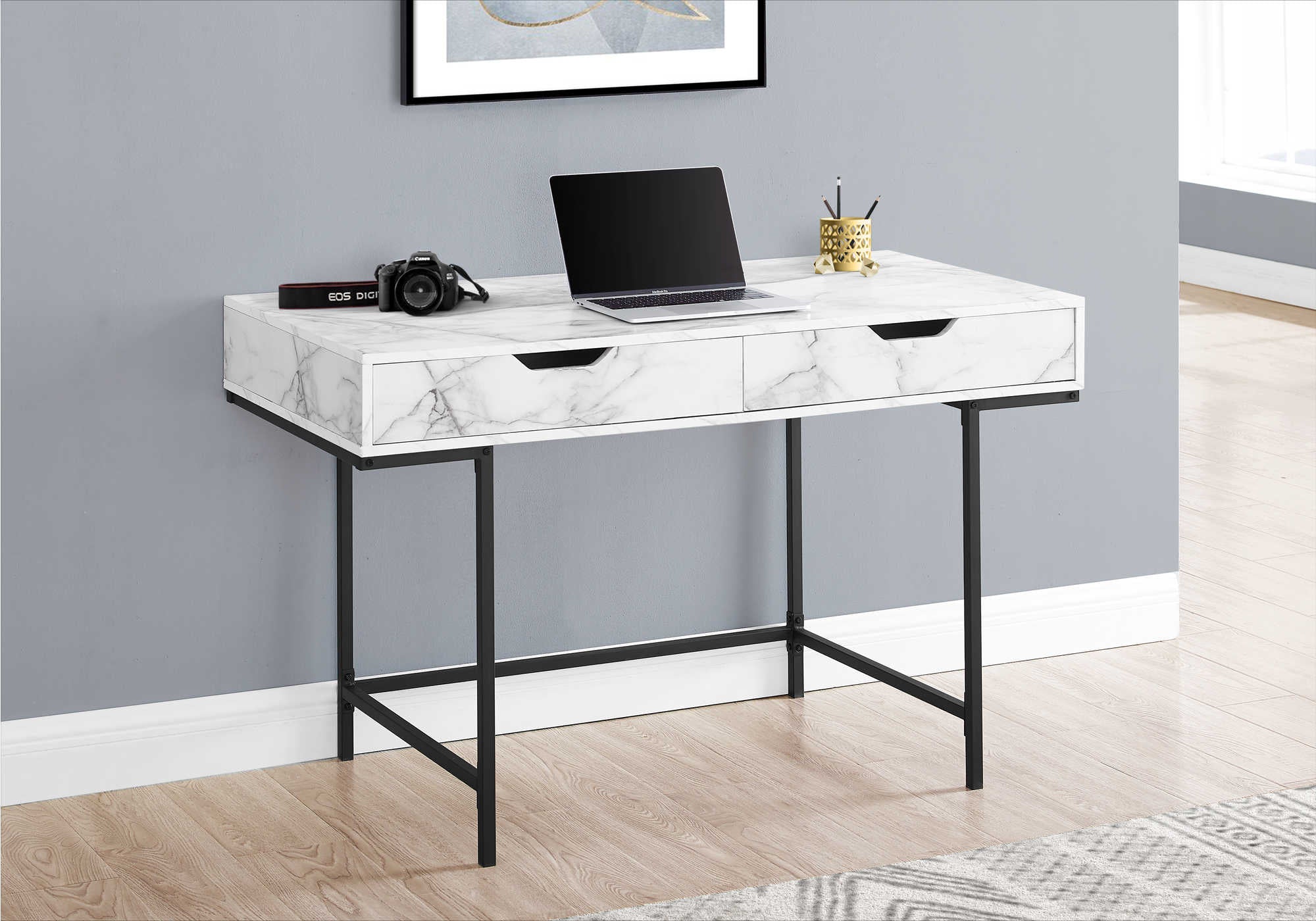 COMPUTER DESK - 48"L / WHITE MARBLE-LOOK / BLACK METAL # I 7558