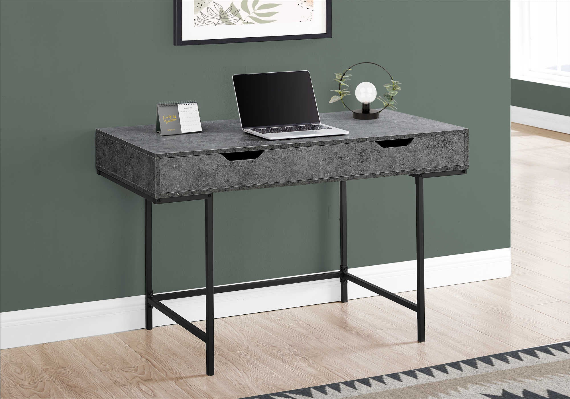 COMPUTER DESK - 48"L / GREY STONE-LOOK / BLACK METAL # I 7559