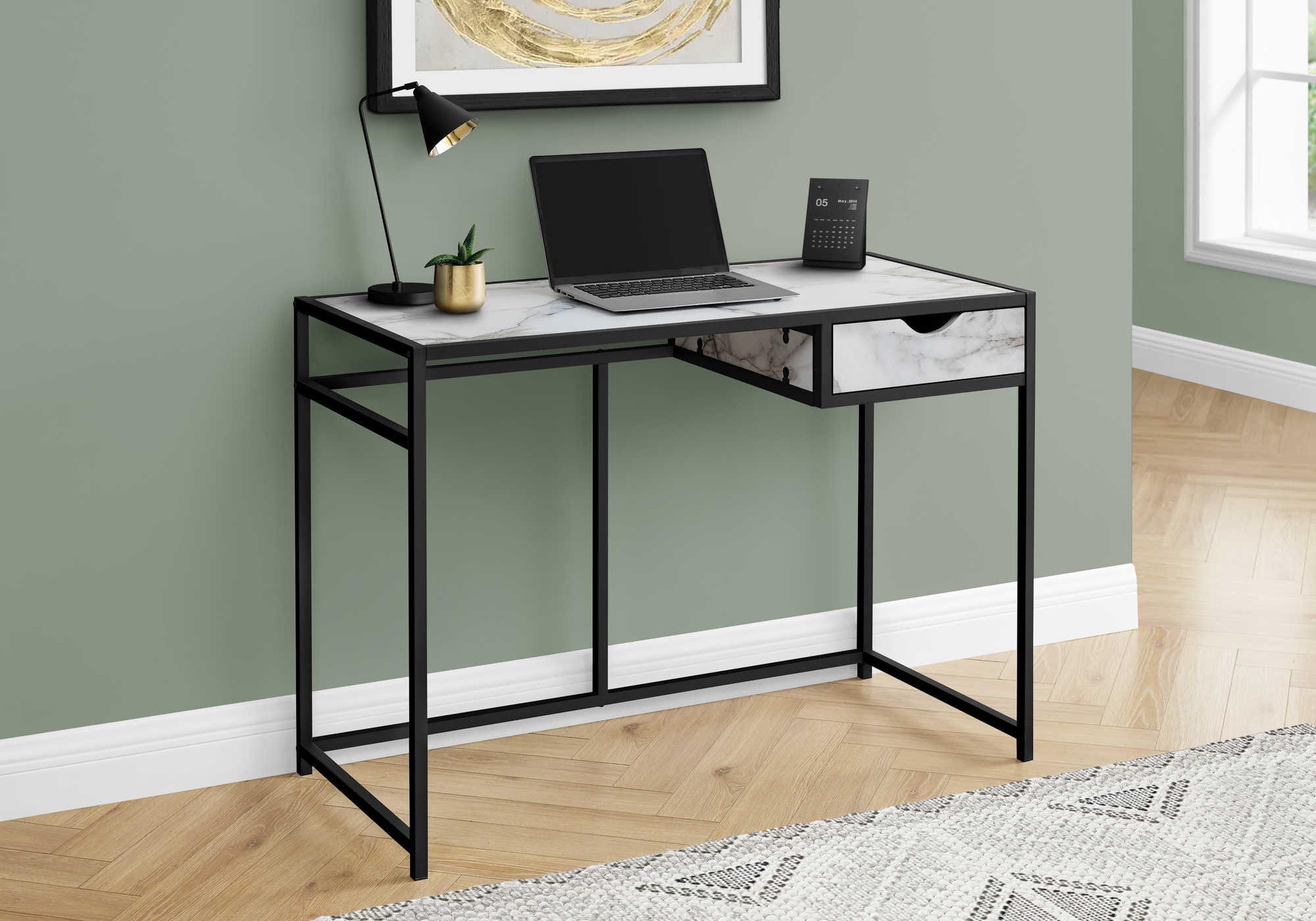 COMPUTER DESK - 42"L / WHITE MARBLE-LOOK / BLACK METAL # I 7571