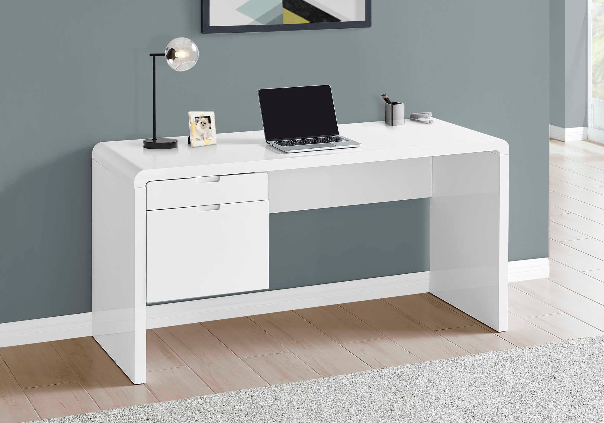 COMPUTER DESK - 60"L / HIGH GLOSSY WHITE L/R FACE DRAWER # I 7581