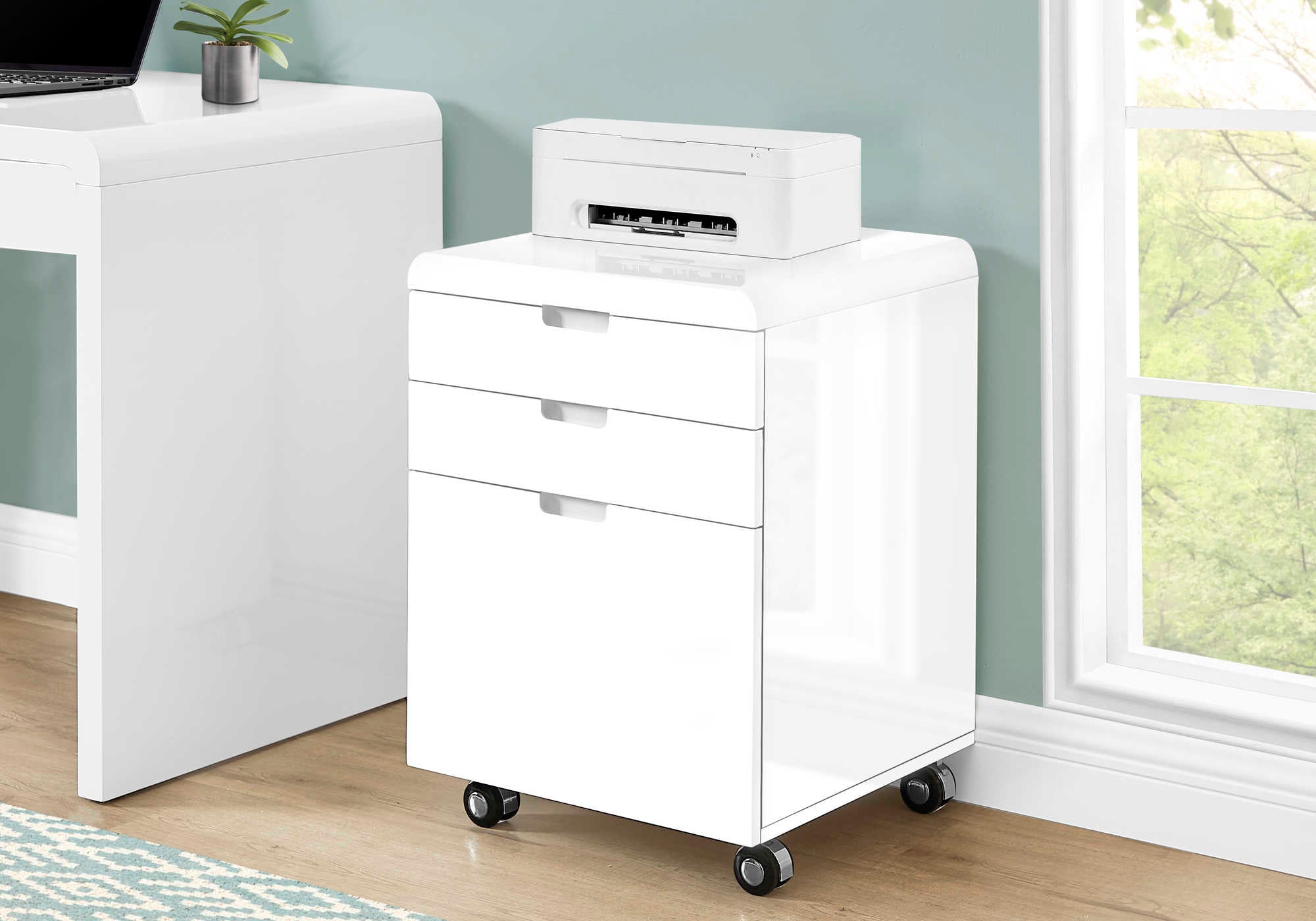 FILING CABINET - 3 DRAWER / HIGH GLOSSY WHITE / CASTORS # I 7583