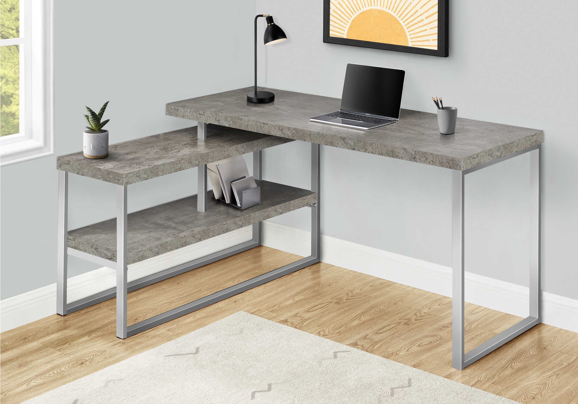 COMPUTER DESK - 60"L / CONCRETE / SILVER METAL L/R CORNER # I 7586