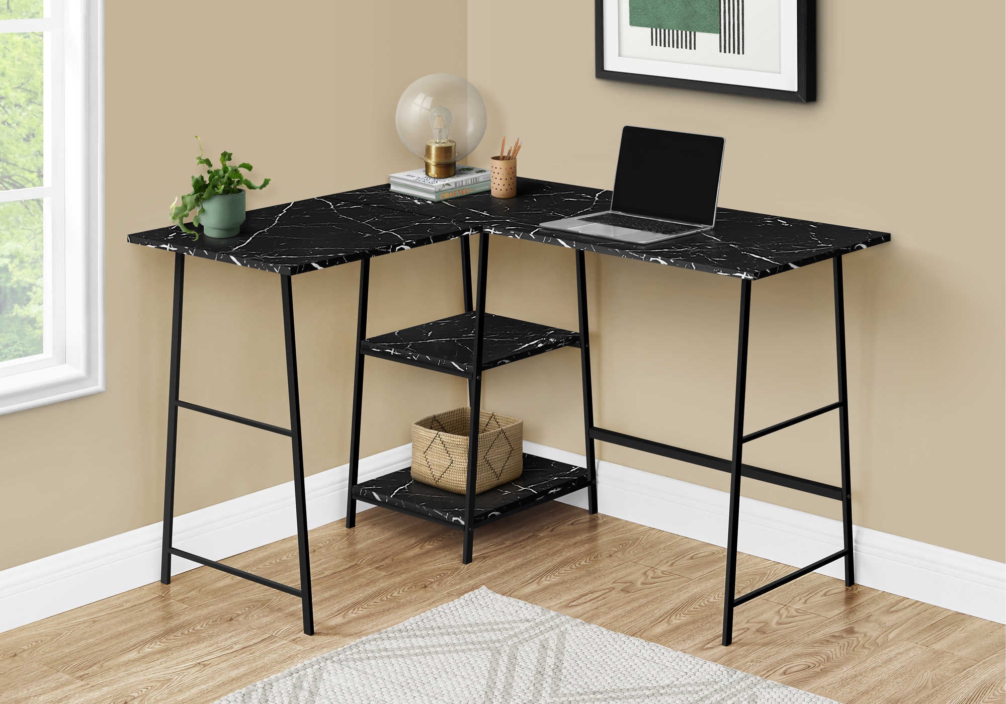 COMPUTER DESK - 48"L / BLACK MARBLE / BLACK METAL CORNER # I 7594