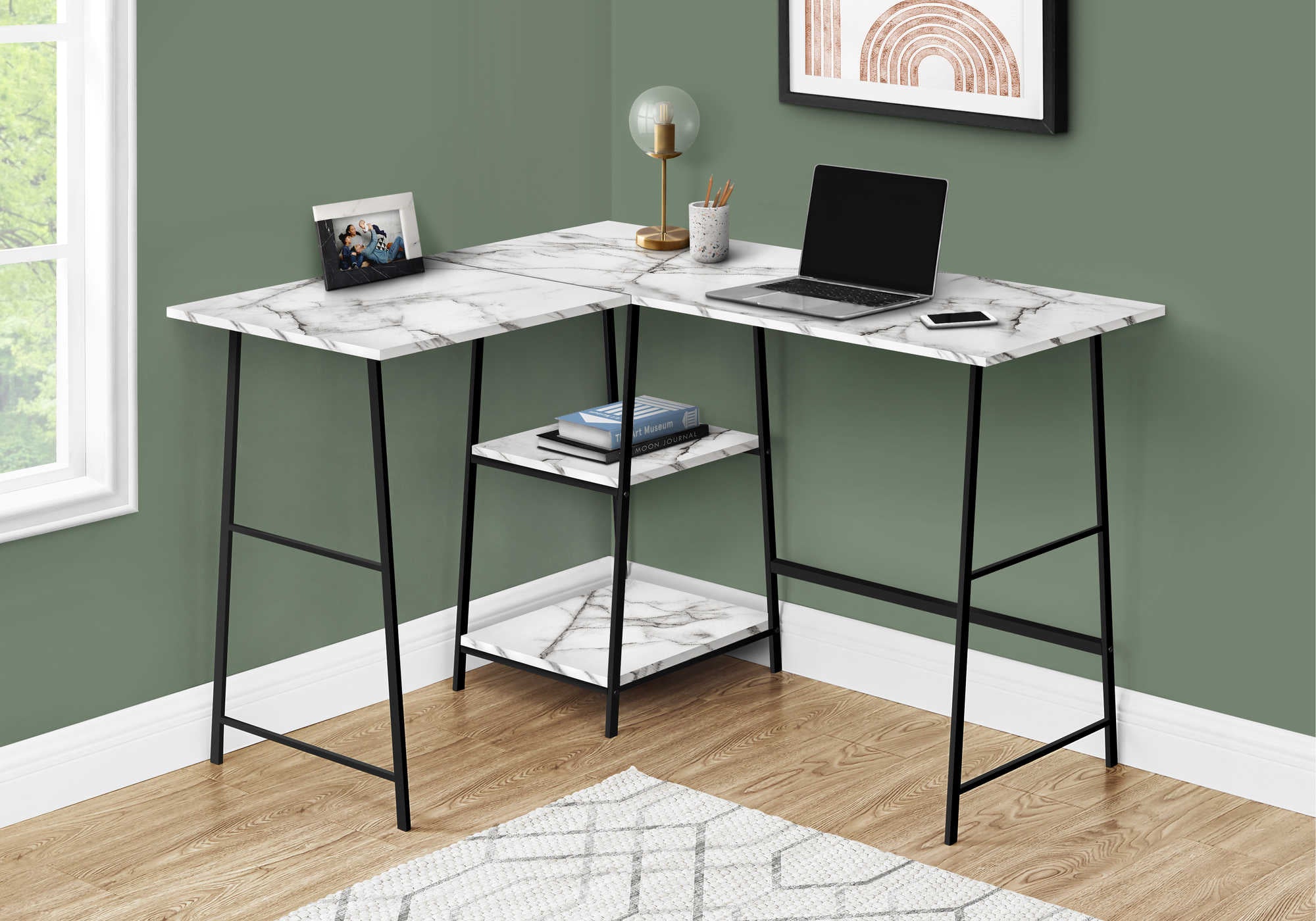 COMPUTER DESK - 48"L / WHITE MARBLE / BLACK METAL CORNER # I 7595