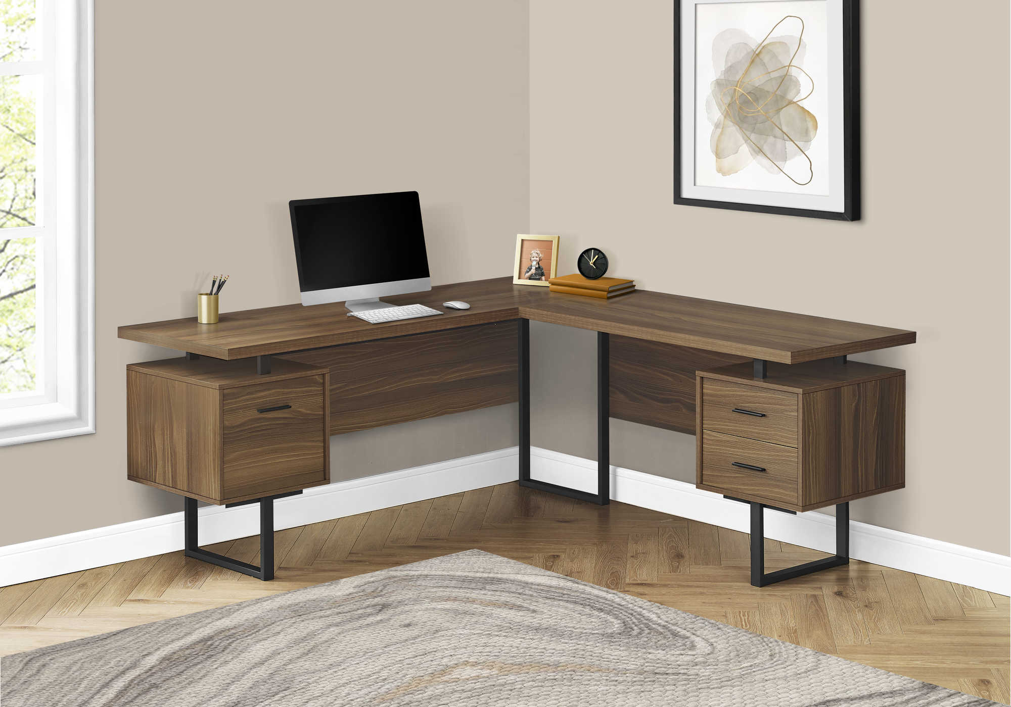 COMPUTER DESK - 70"L / WALNUT / BLACK METAL / L/R FACE # I 7610