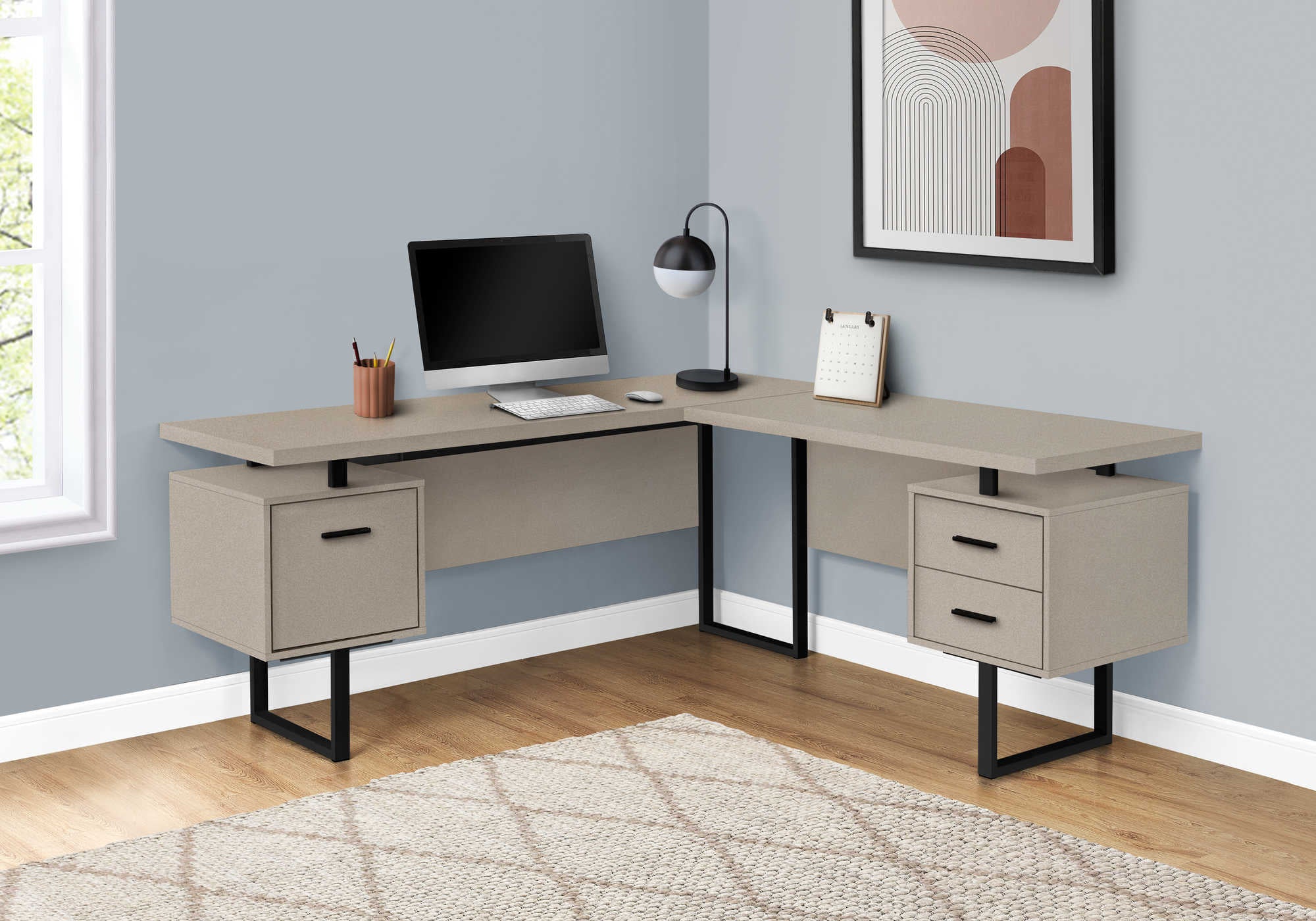 COMPUTER DESK - 70"L / MODERN TAUPE / BLACK METAL / L/R # I 7614