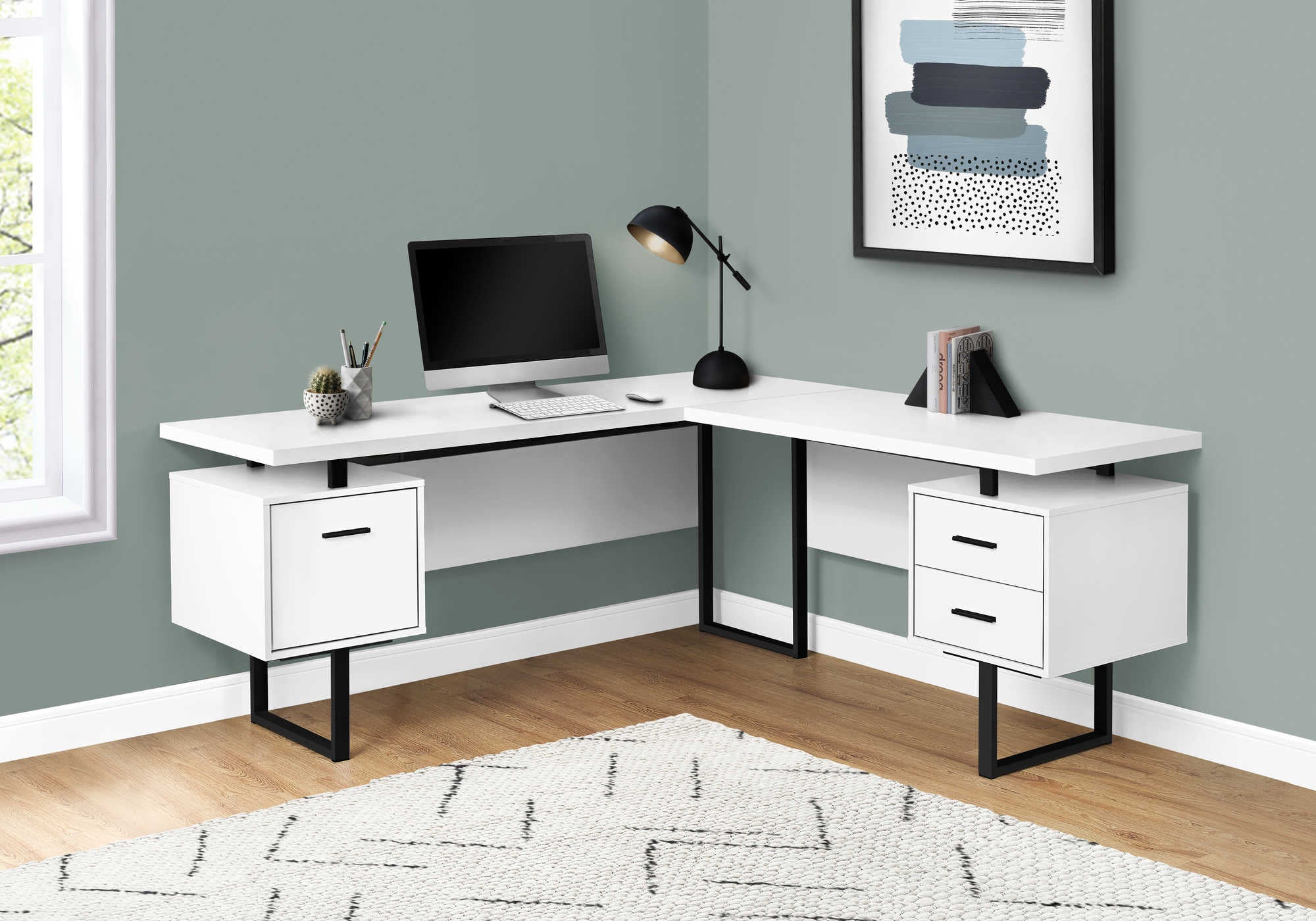 COMPUTER DESK - 70"L / WHITE / BLACK METAL / L/R FACE # I 7616