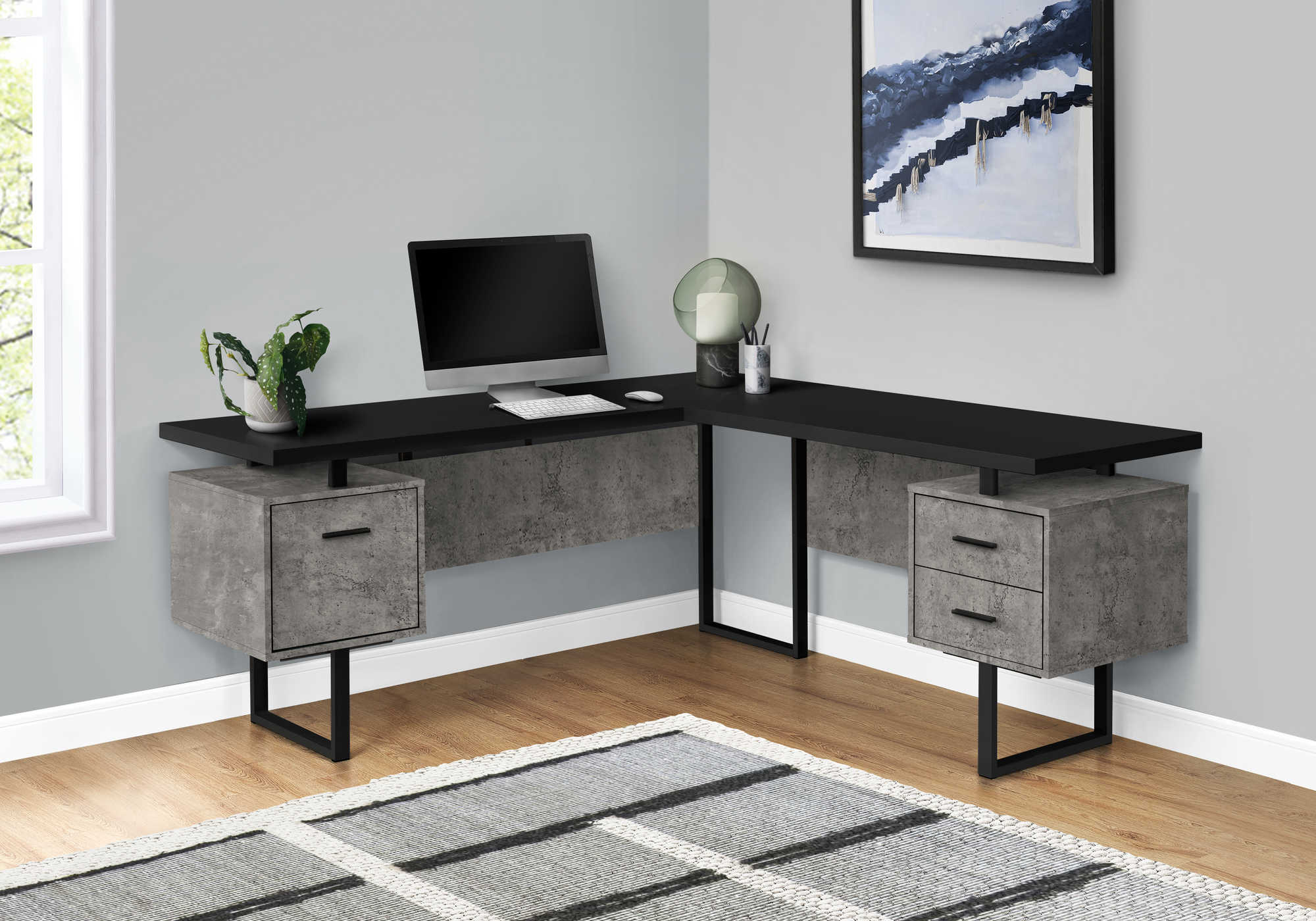 COMPUTER DESK - 70"L / BLACK/ CONCRETE/ BLACK METAL / L/R # I 7617