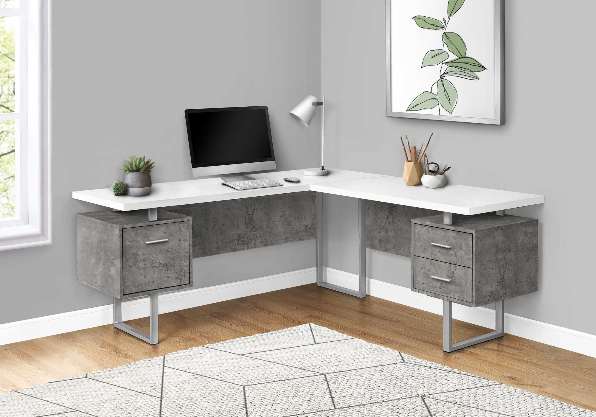 COMPUTER DESK - 70"L / WHITE/ CONCRETE/ SILVER METAL/ L/R # I 7618