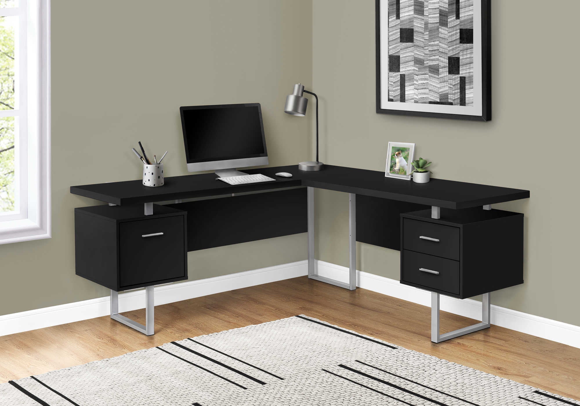 COMPUTER DESK - 70"L / BLACK / SILVER METAL / L/R FACE # I 7619