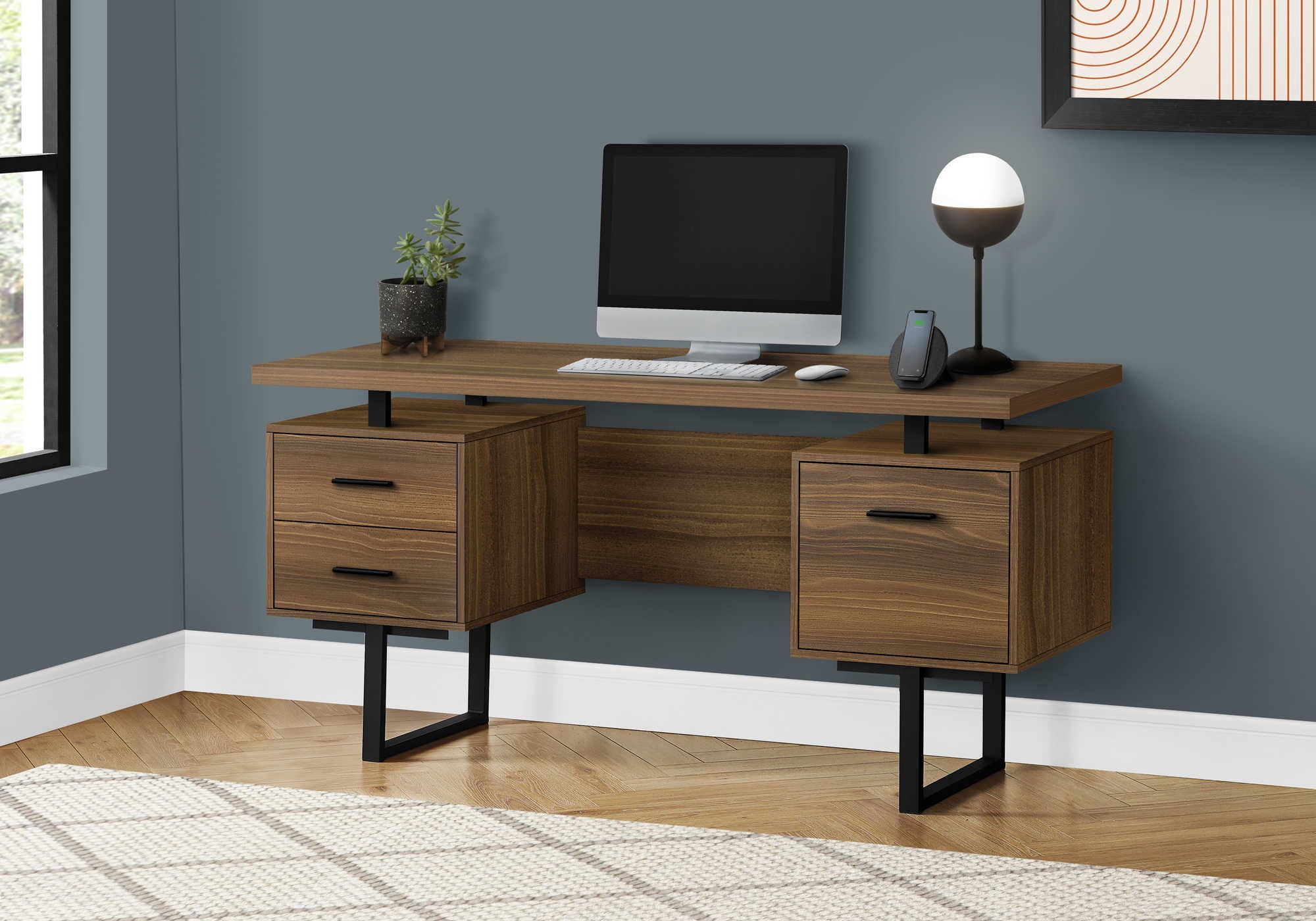 COMPUTER DESK - 60"L / WALNUT / BLACK METAL # I 7625