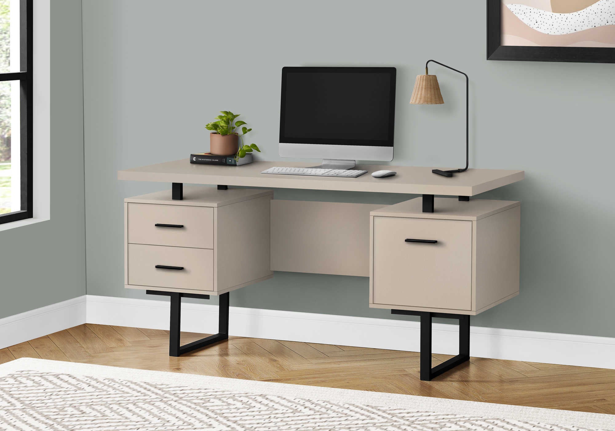 COMPUTER DESK - 60"L / MODERN TAUPE / BLACK METAL # I 7629