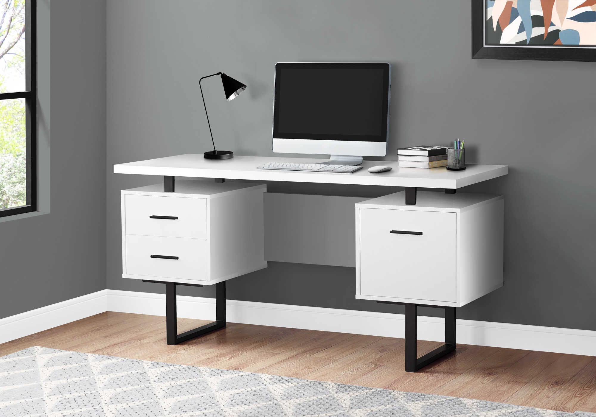 COMPUTER DESK - 60"L / WHITE / BLACK METAL # I 7631