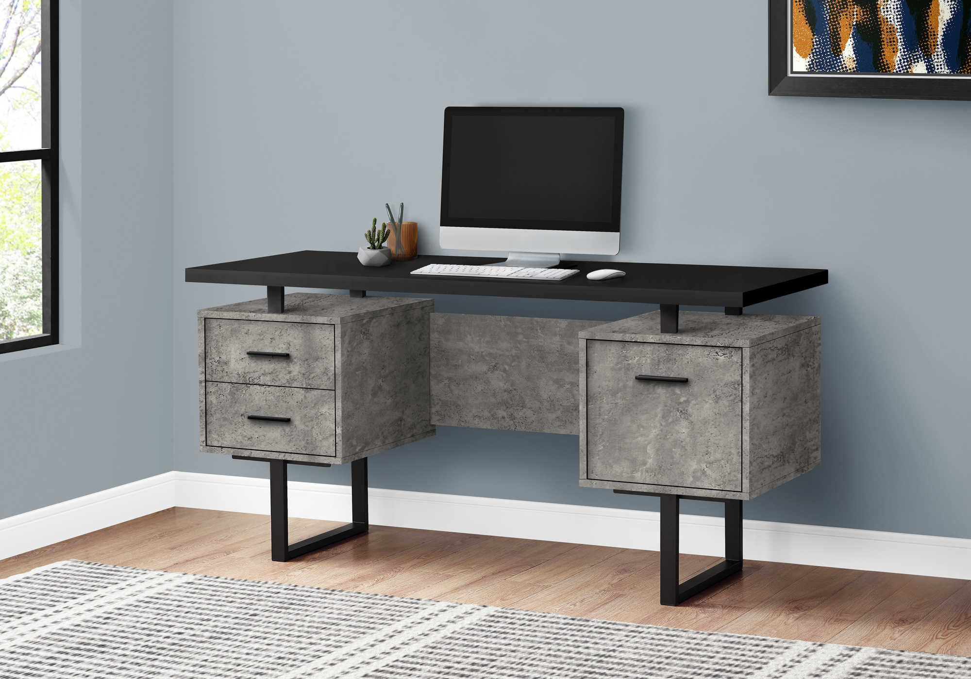 COMPUTER DESK - 60"L/BLACK/GREY CONCRETE/ BLACK METAL # I 7632