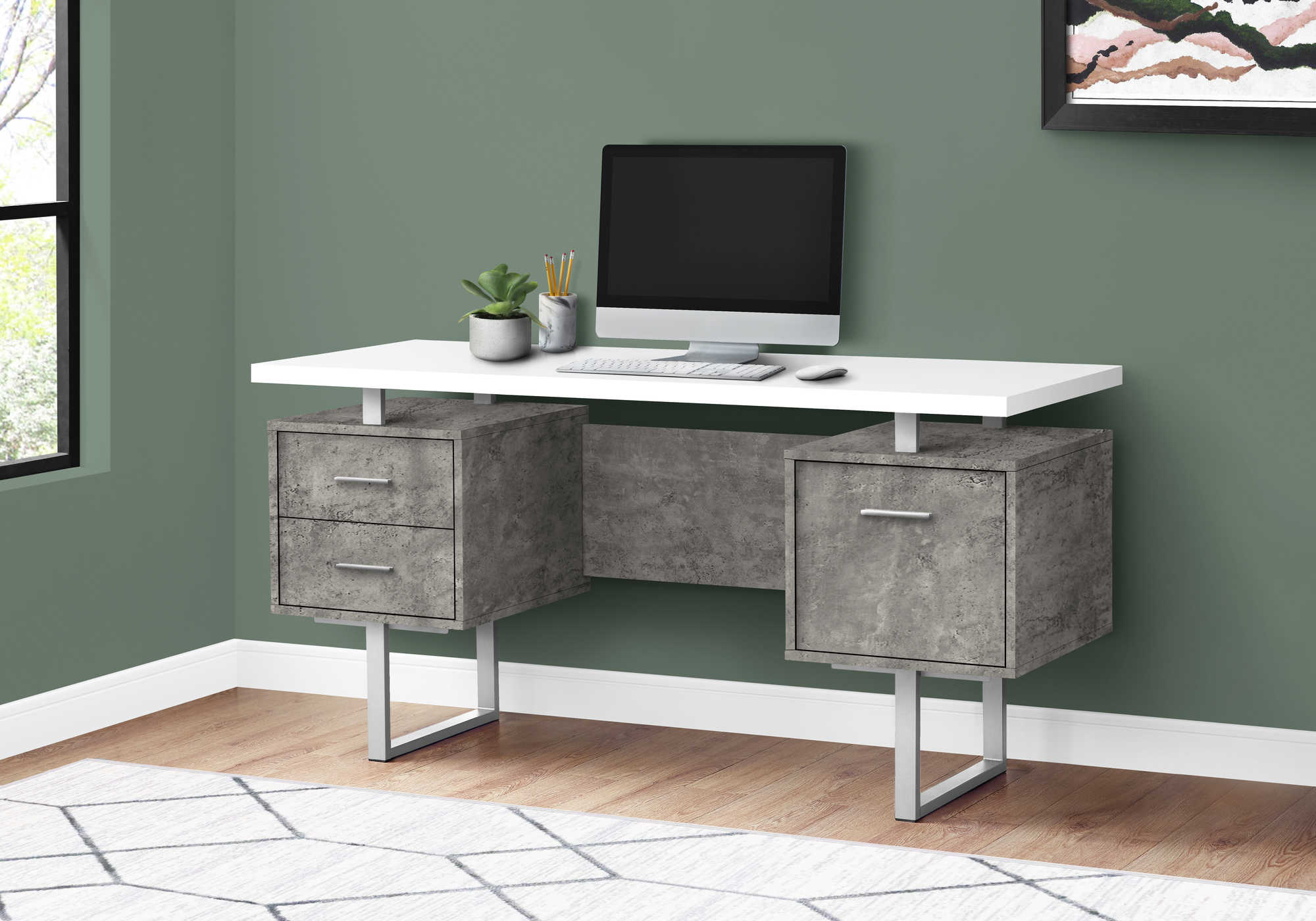 COMPUTER DESK - 60"L / WHITE/ GREY CONCRETE/ SILVER METAL # I 7633