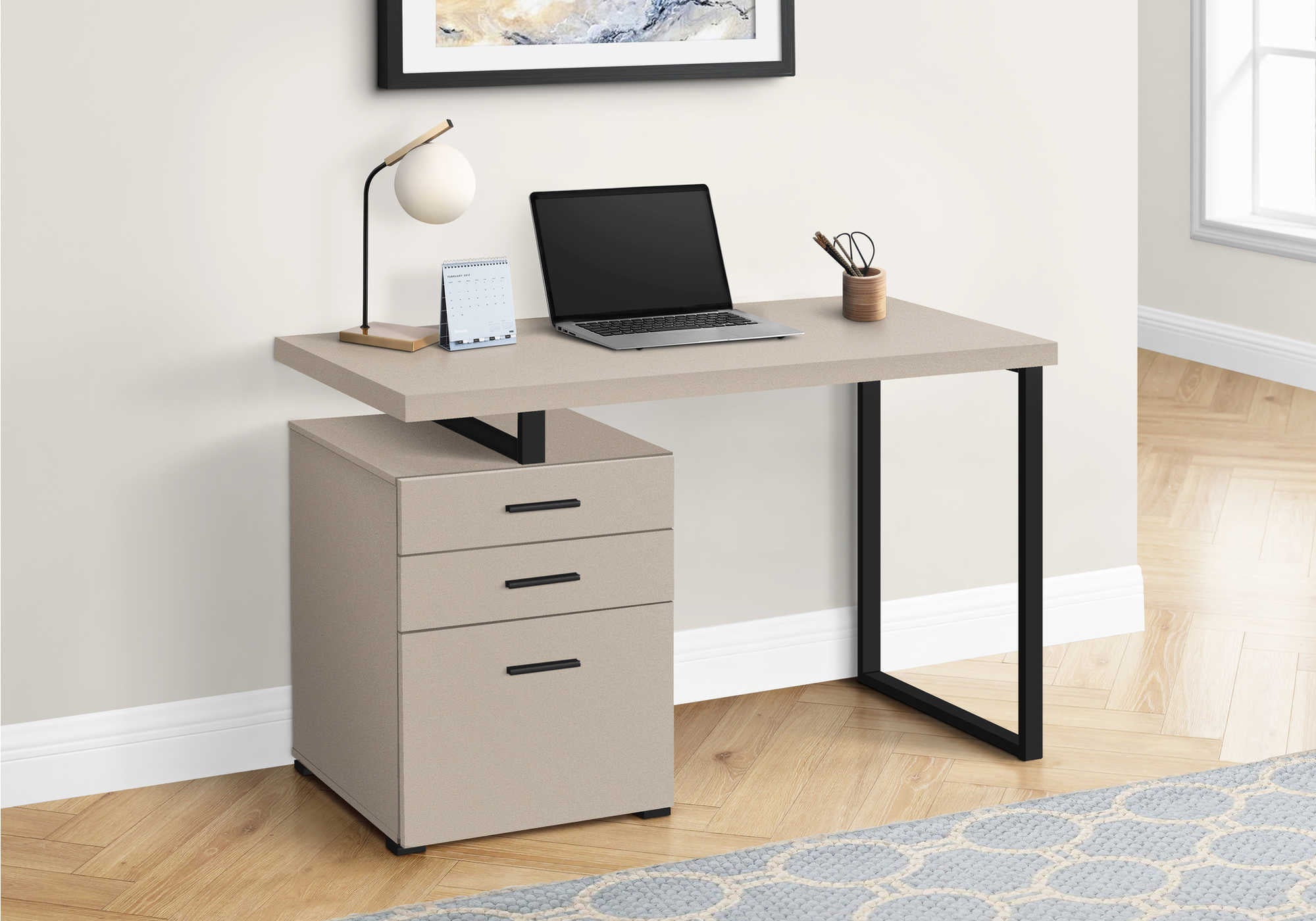COMPUTER DESK - 48"L / MODERN TAUPE / BLACK METAL / L/R # I 7644