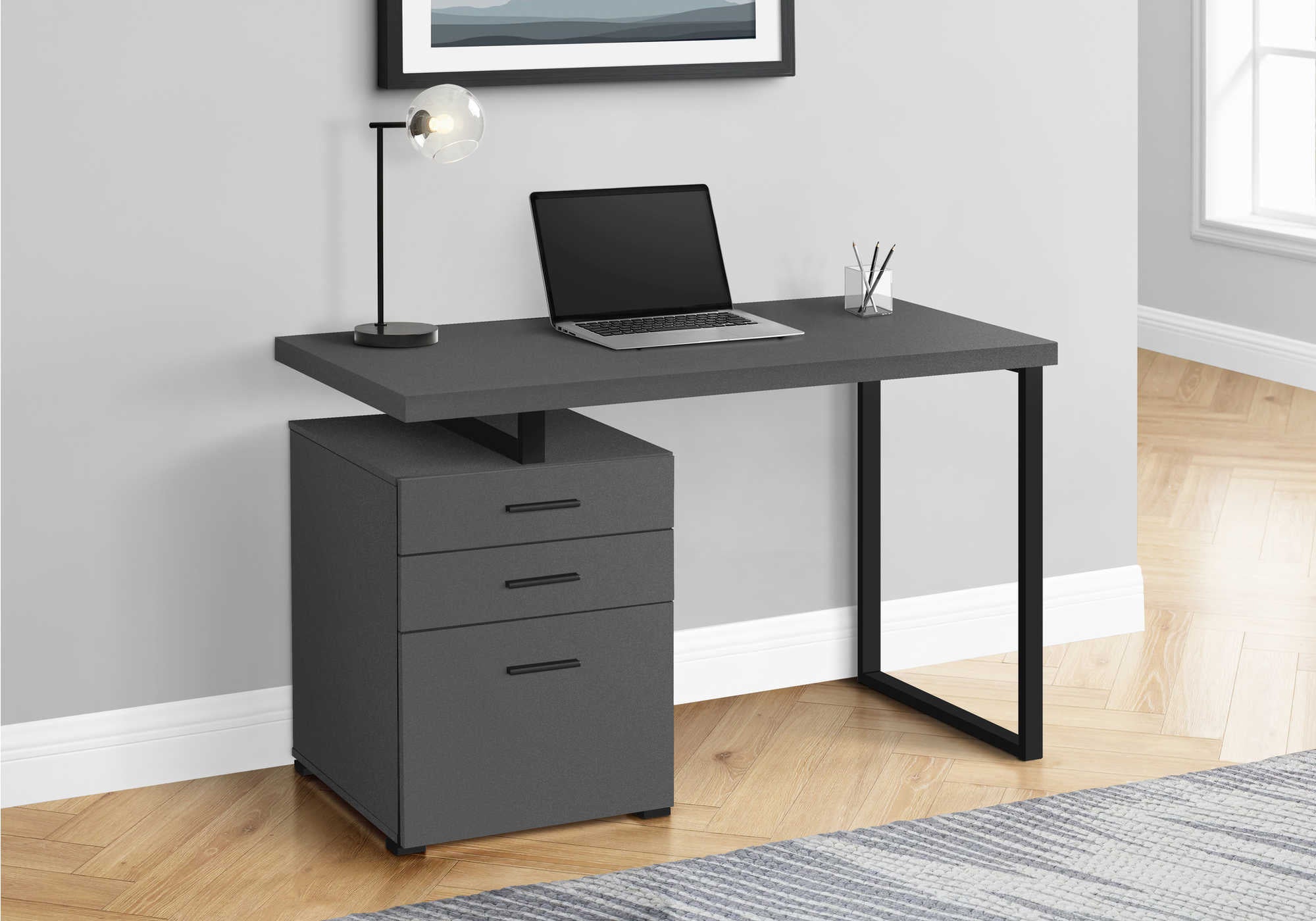 COMPUTER DESK - 48"L / MODERN GREY / BLACK METAL / L/R # I 7645