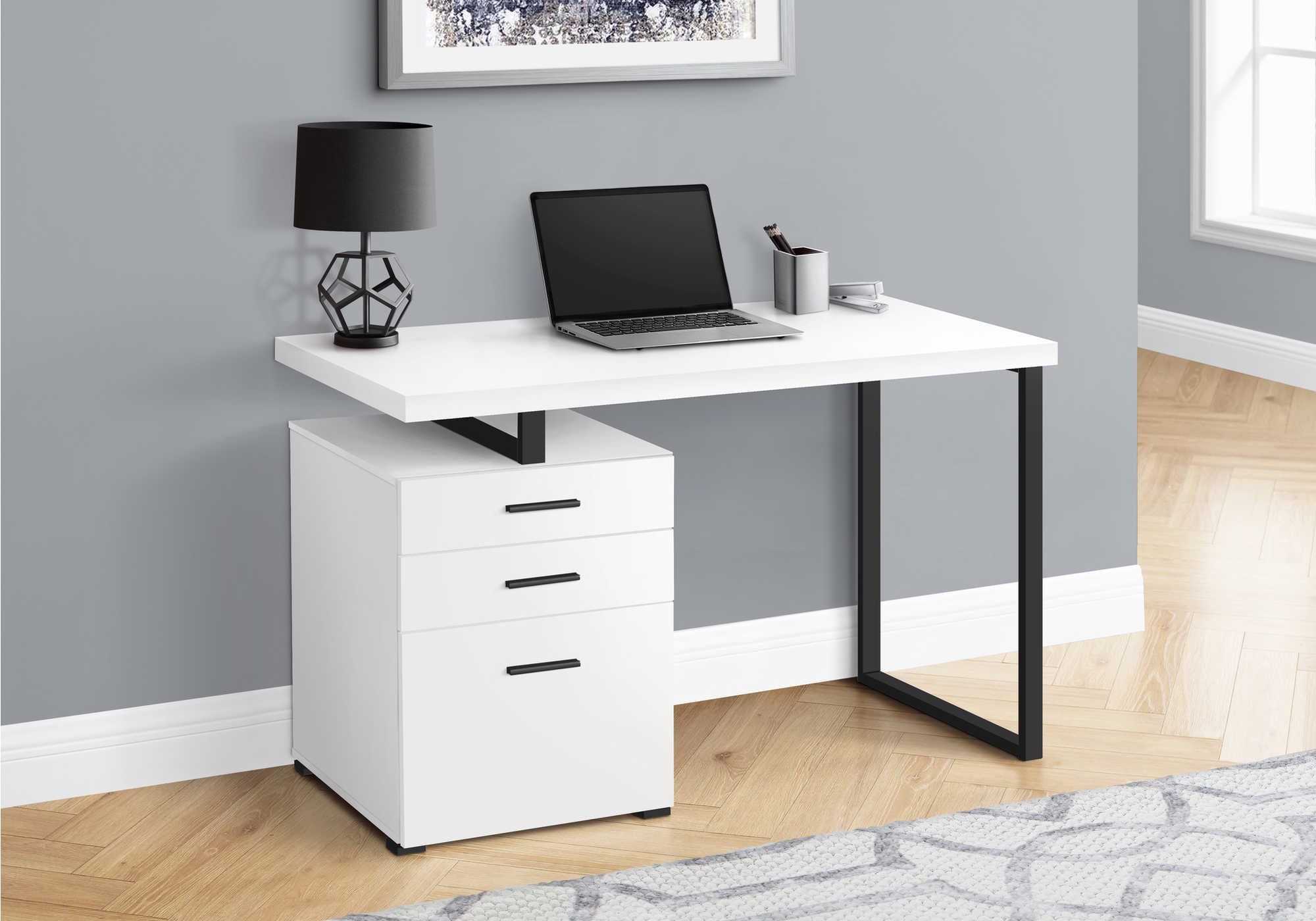 COMPUTER DESK - 48"L / WHITE / BLACK METAL / L/R FACE # I 7646
