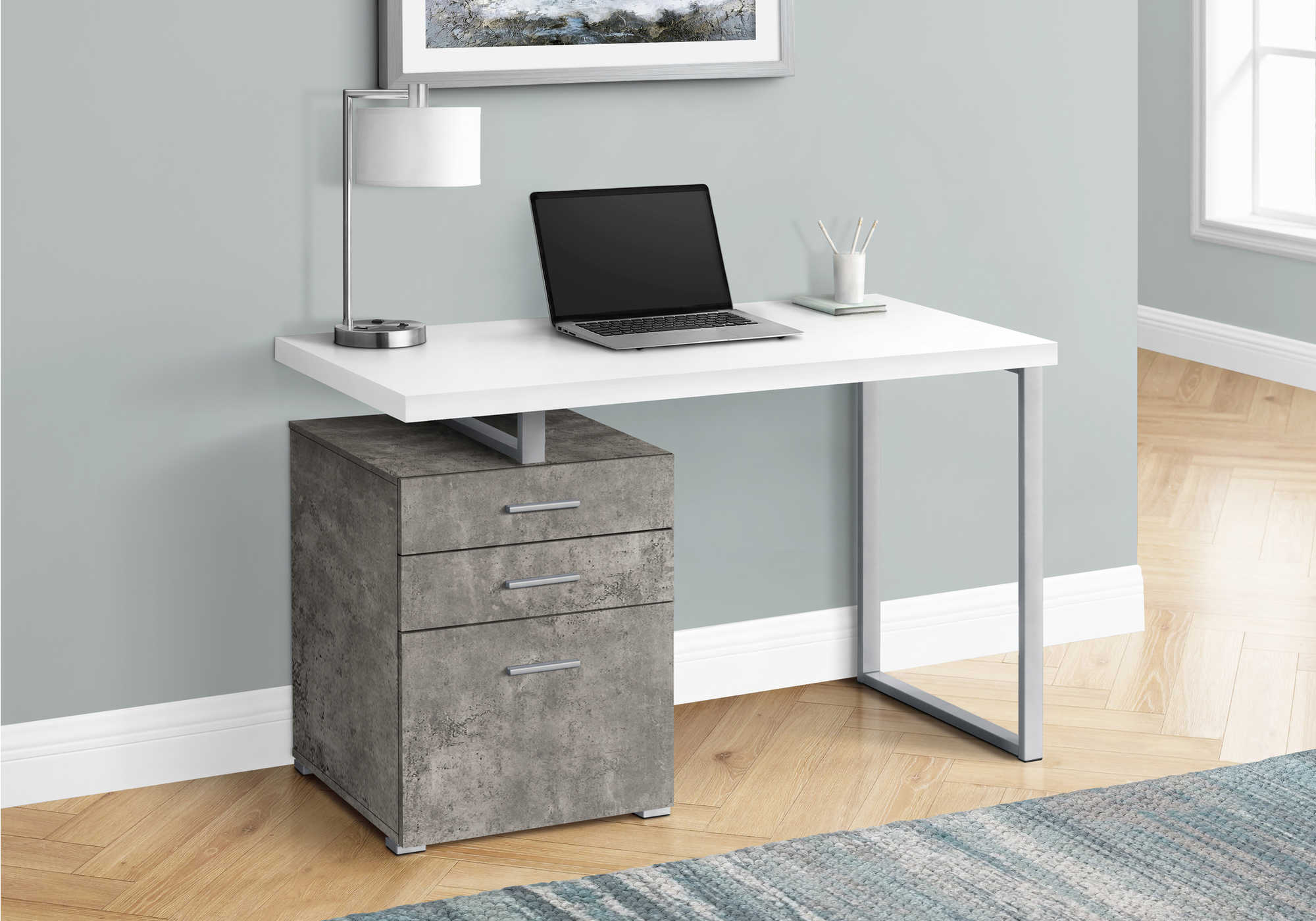 COMPUTER DESK - 48"L / WHITE/ CONCRETE/ SILVER METAL/ L/R # I 7648