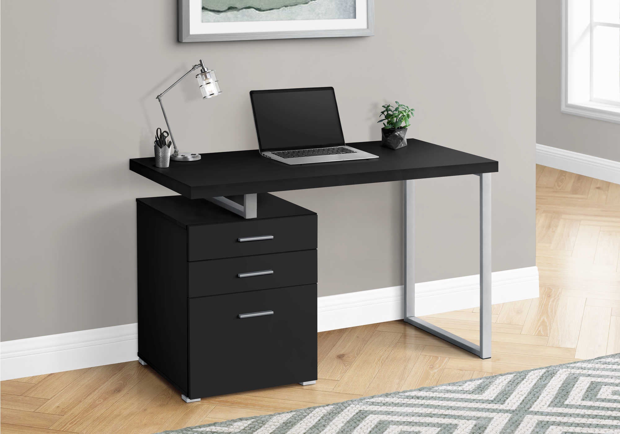 COMPUTER DESK - 48"L / BLACK / SILVER METAL / L/R FACE # I 7649