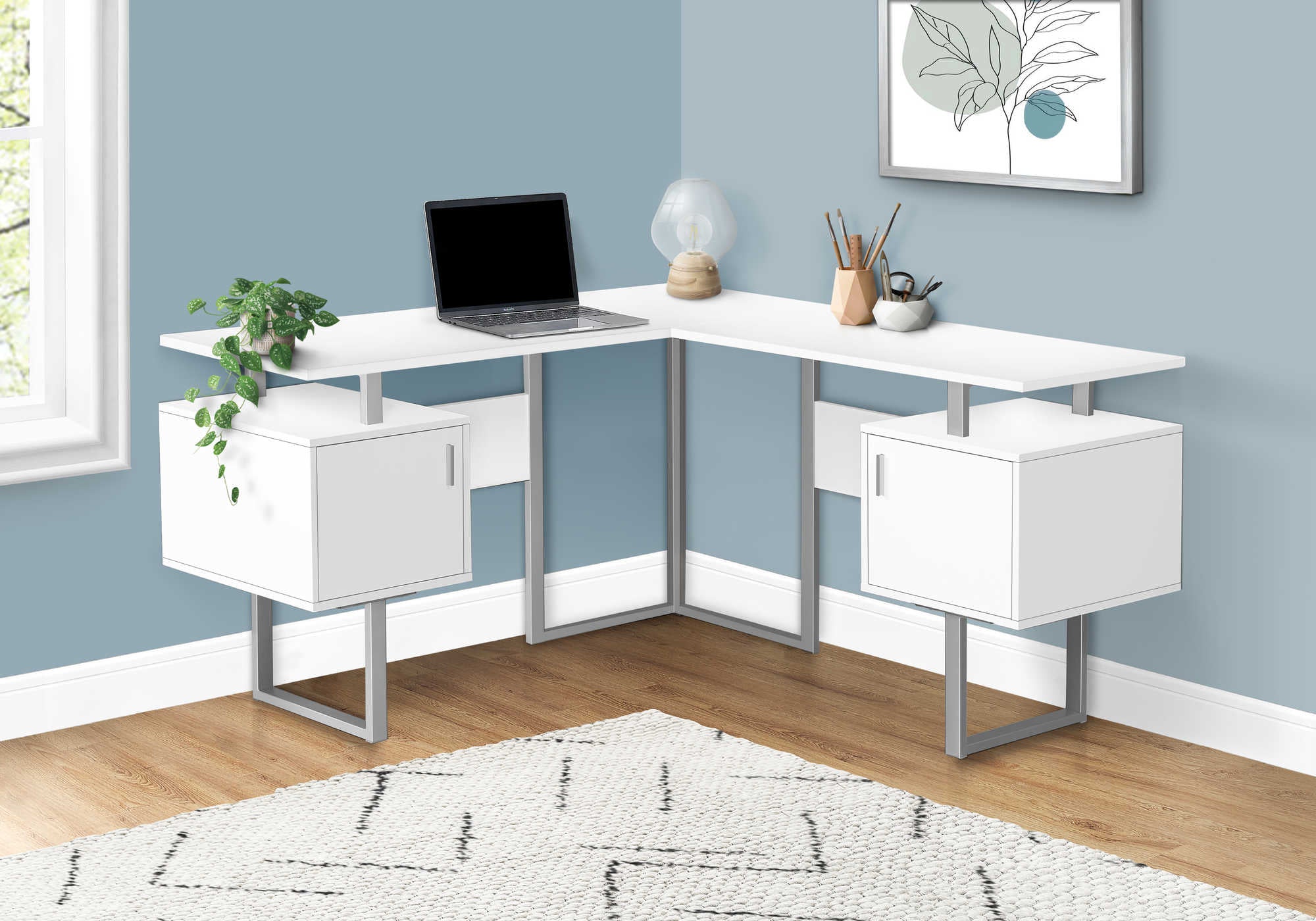 COMPUTER DESK - 58"L / WHITE / SILVER METAL CORNER # I 7695