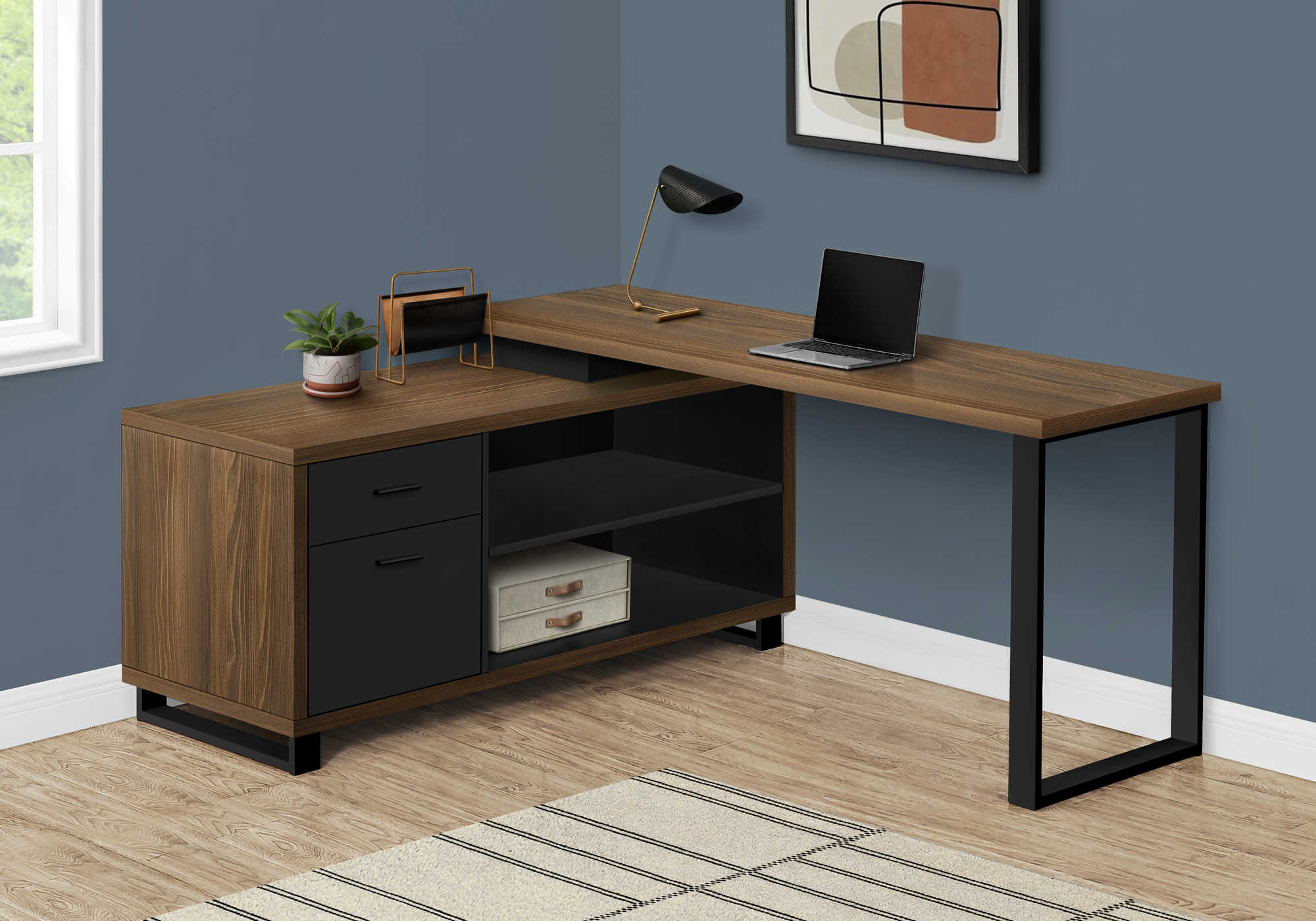 COMPUTER DESK - 72"L WALNUT / BLACK EXECUTIVE CORNER # I 7711