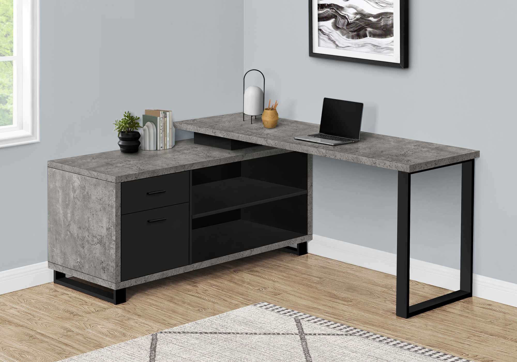 COMPUTER DESK - 72"L GREY CONCRETE/BLACK EXECUTIVE CORNER # I 7714