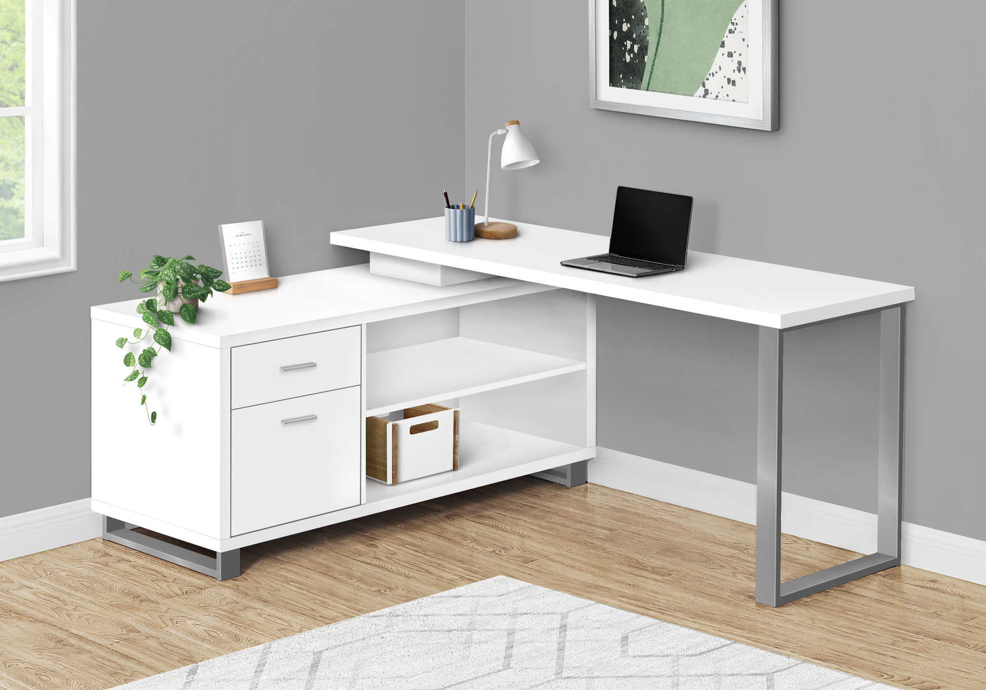COMPUTER DESK - 72"L WHITE / SILVER EXECUTIVE CORNER # I 7716