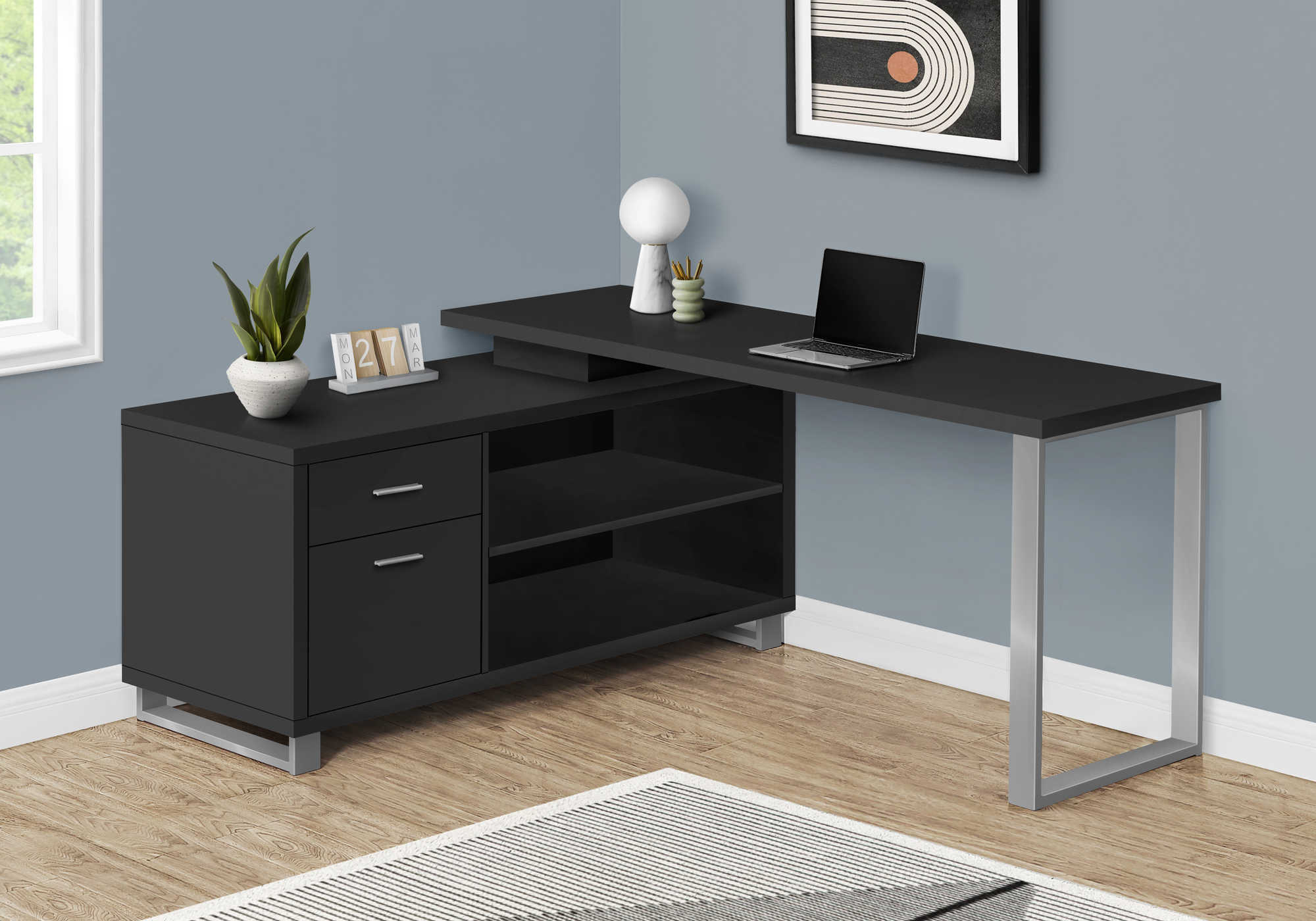 COMPUTER DESK - 72"L BLACK / SILVER EXECUTIVE CORNER # I 7717