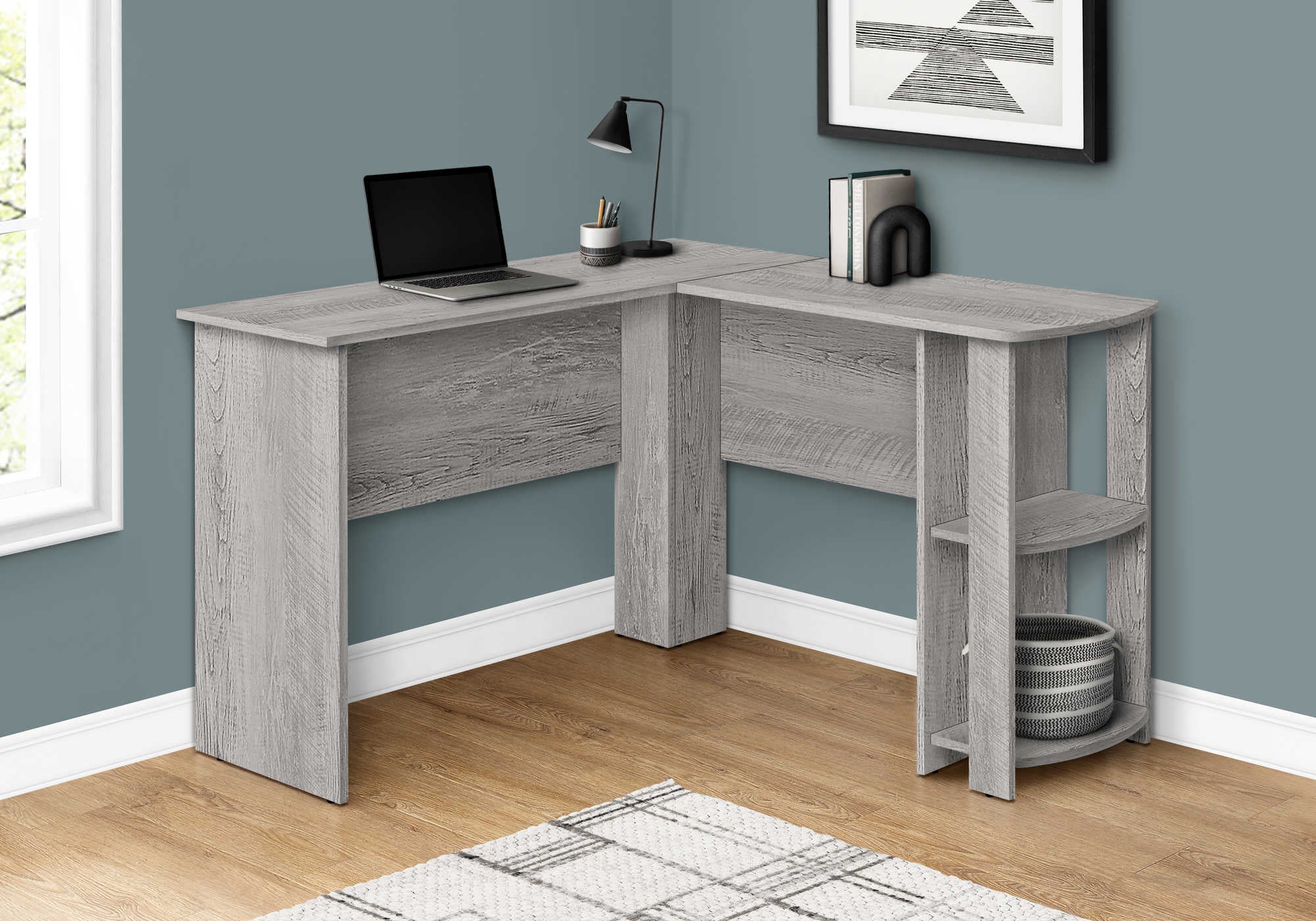 COMPUTER DESK - INDUSTRIAL GREY L-SHAPED CORNER/2 SHELVES # I 7720