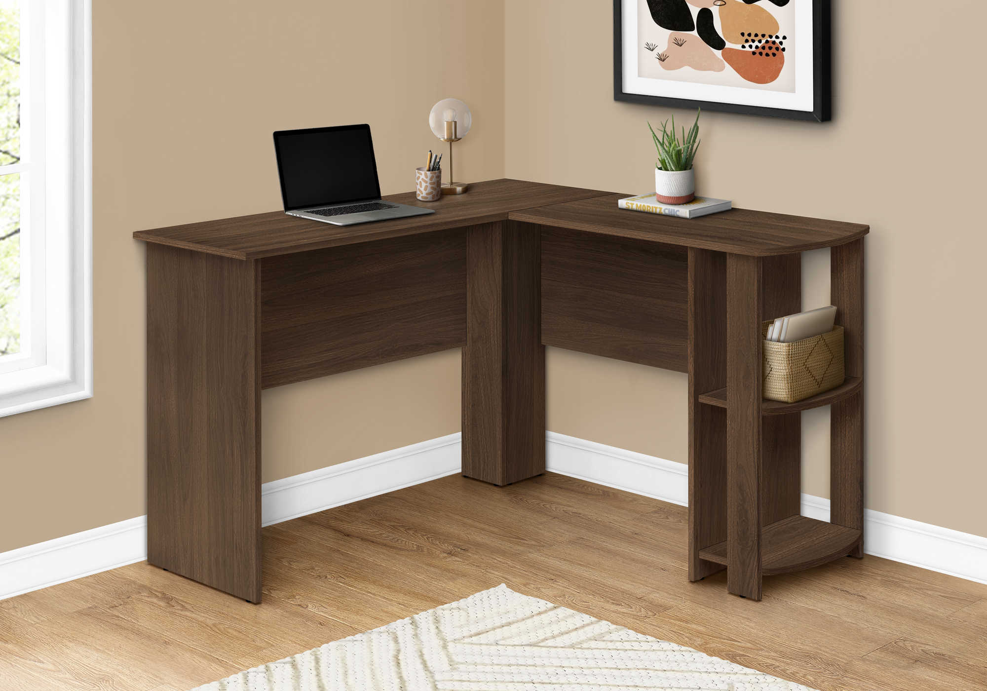 COMPUTER DESK - DARK WALNUT L-SHAPED CORNER / 2 SHELVES # I 7721