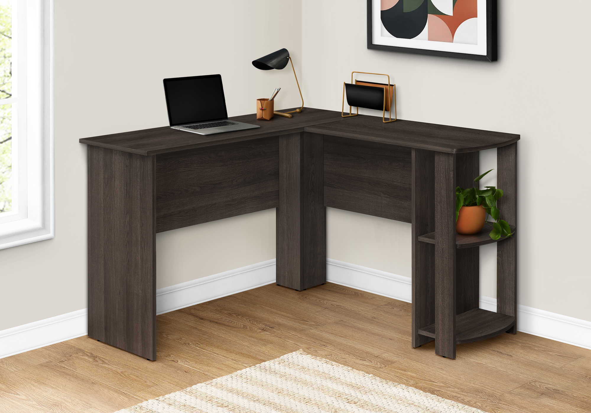 COMPUTER DESK - BROWN OAK L-SHAPED CORNER / 2 SHELVES # I 7722