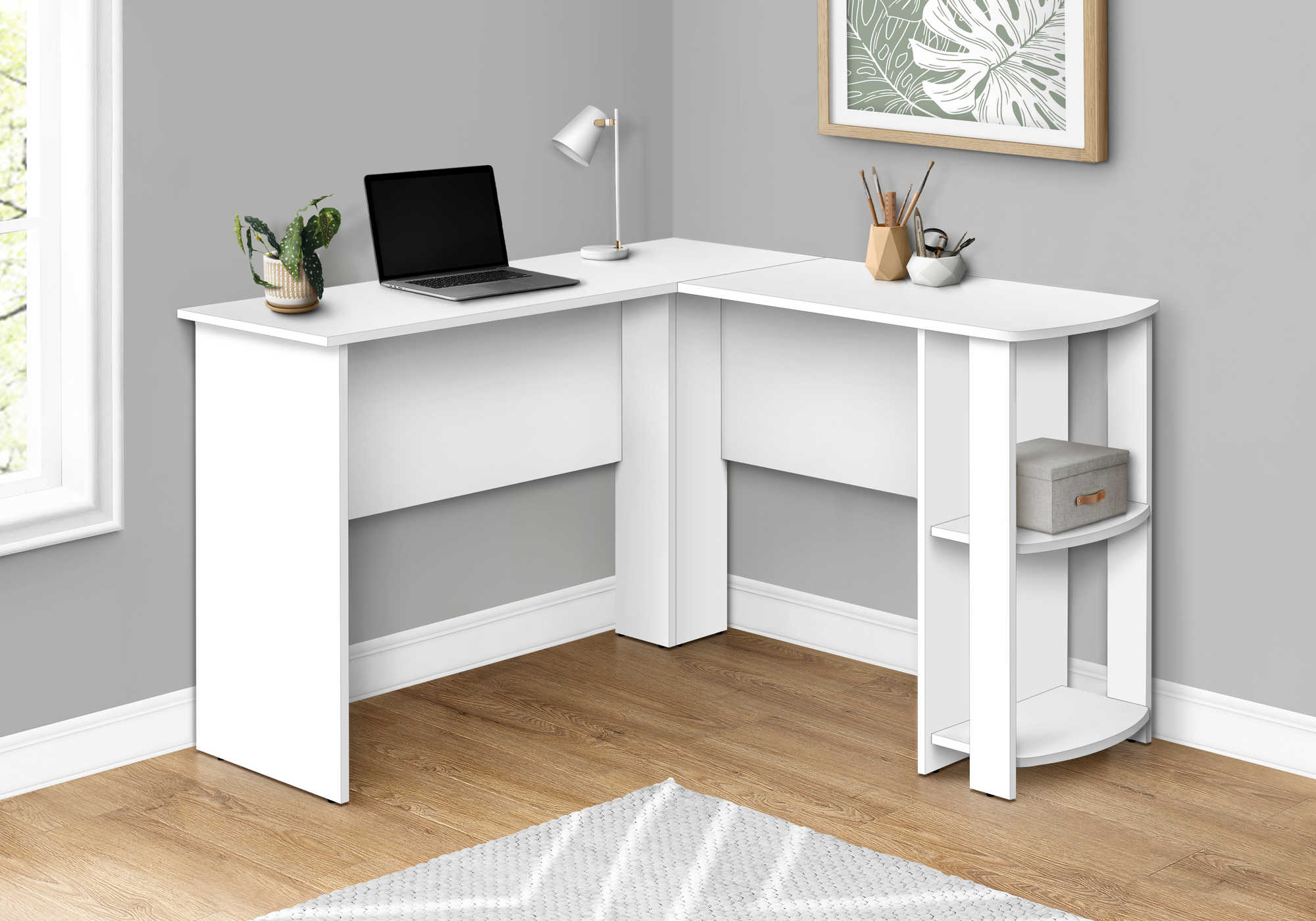 COMPUTER DESK - WHITE L-SHAPED CORNER / 2 SHELVES # I 7723