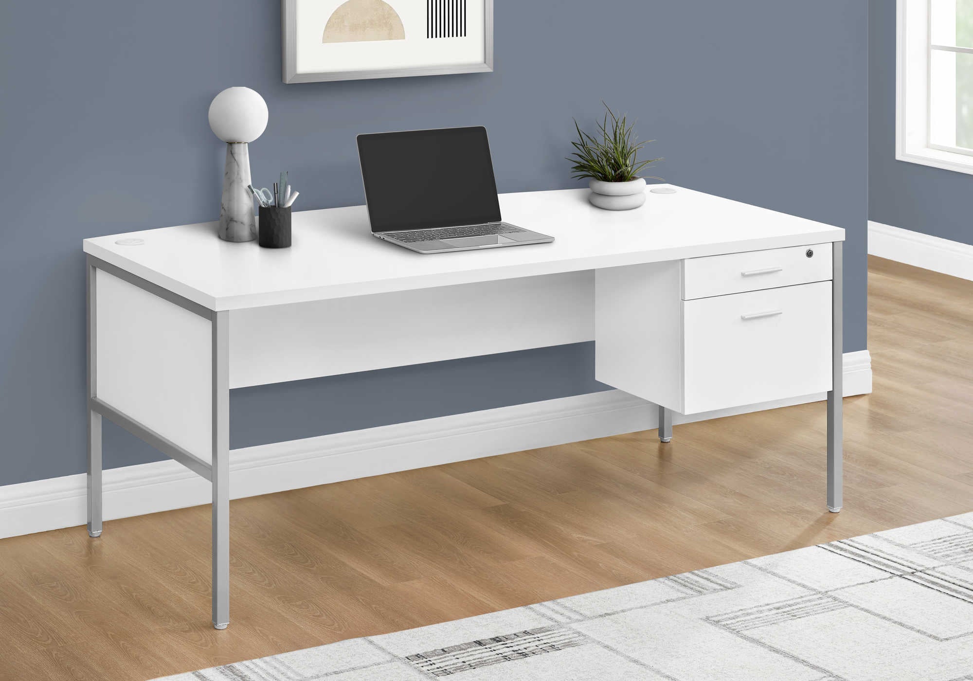 COMPUTER DESK - 72"L WHITE / SILVER COMMERCIAL GRADE # I 7725