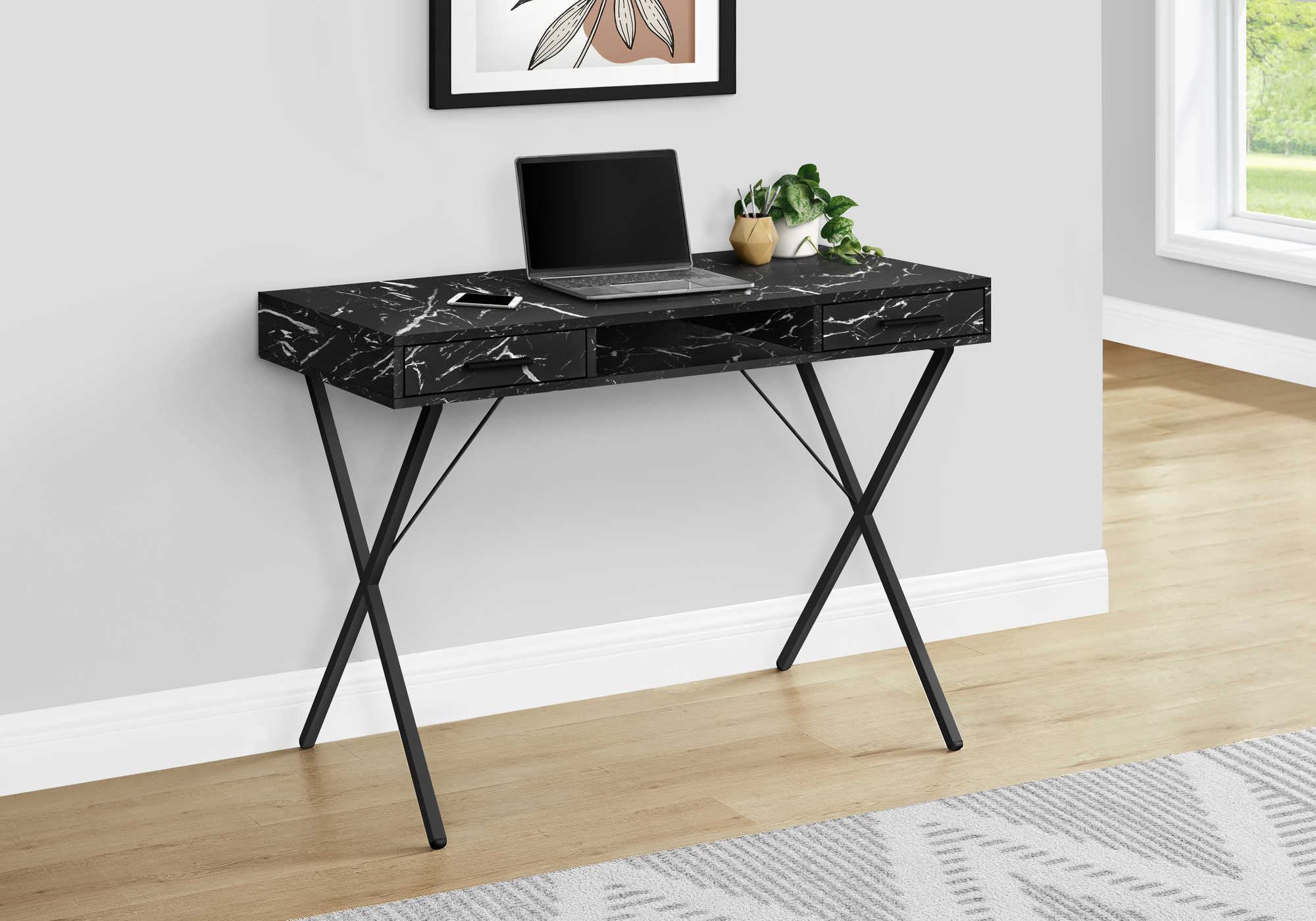COMPUTER DESK - 42"L / BLACK MARBLE / BLACK METAL # I 7793