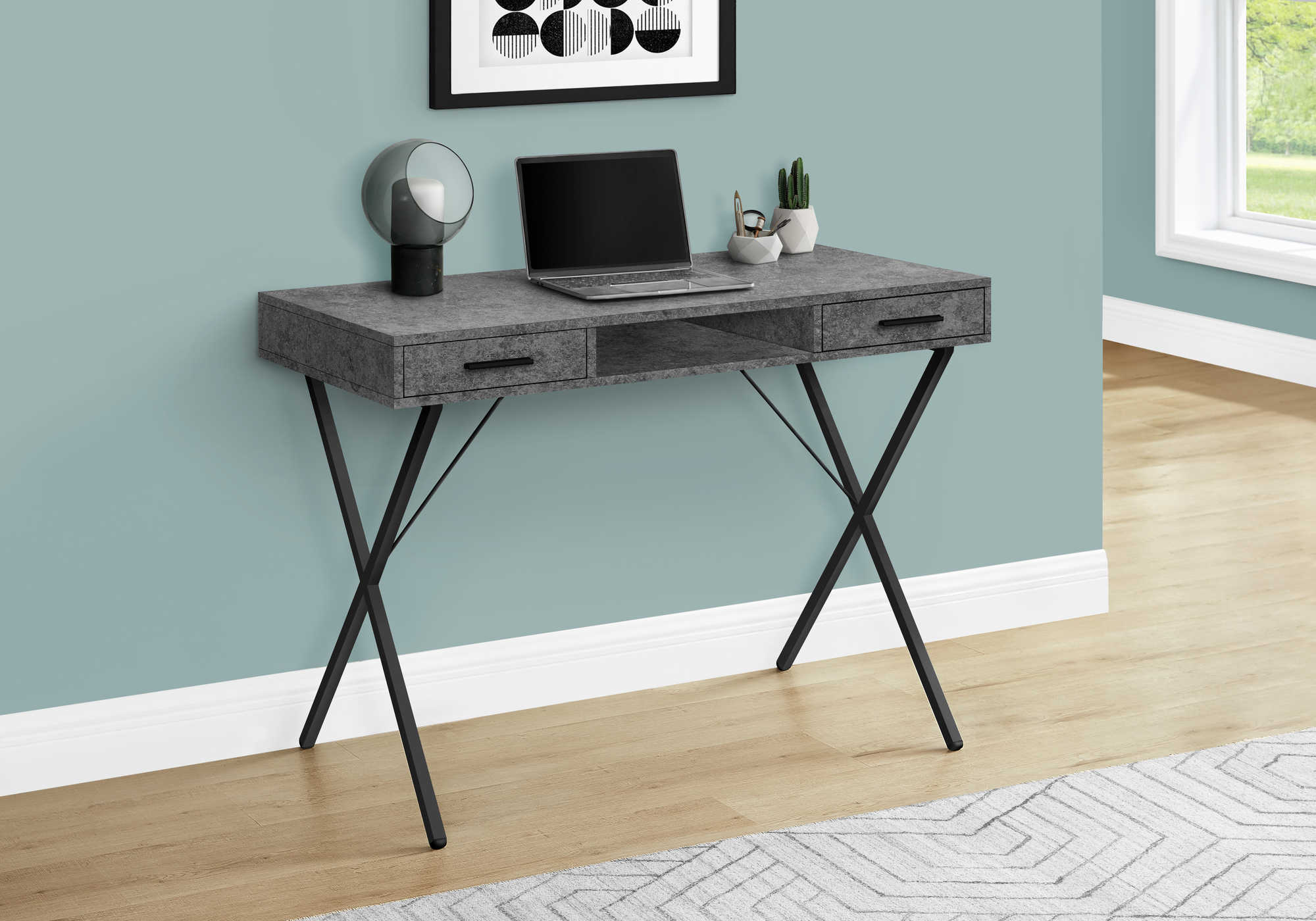COMPUTER DESK - 42"L / GREY STONE-LOOK / BLACK METAL # I 7795