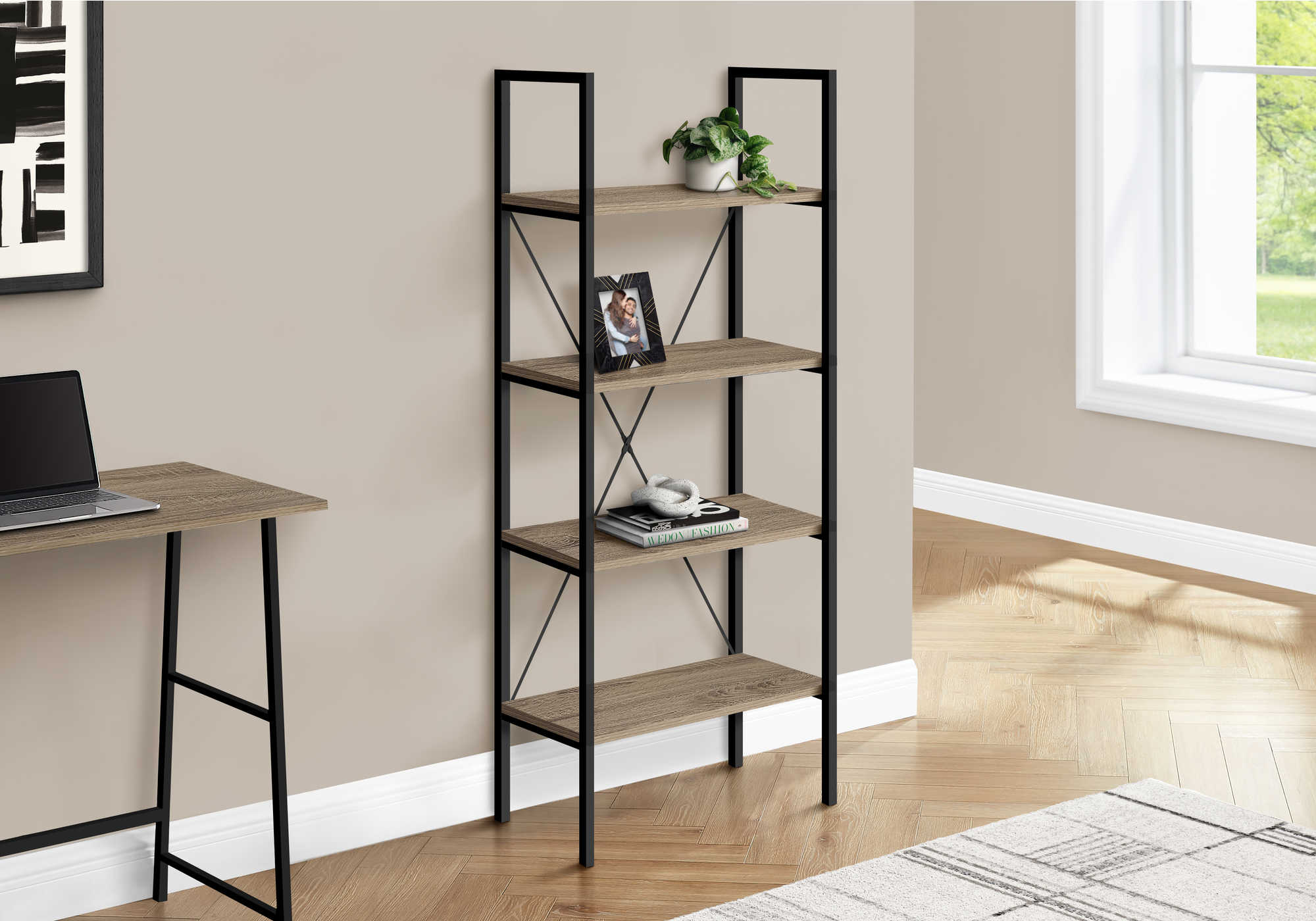 BOOKCASE - 48"H / DARK TAUPE / BLACK METAL # I 7800