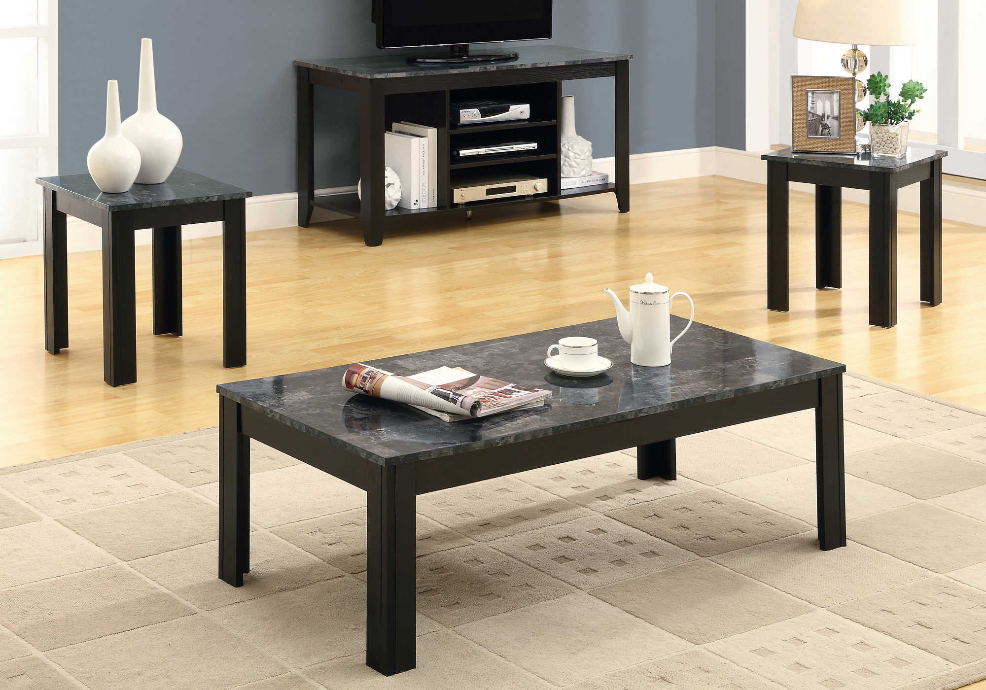 TABLE SET - 3PCS SET / BLACK / GREY MARBLE-LOOK TOP # I 7843P