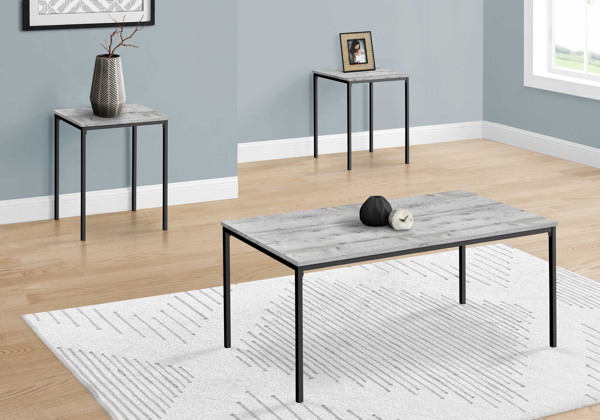 ENSEMBLE DE TABLE - ENSEMBLE 3PCS / GRIS / MÉTAL NOIR # I 7896P